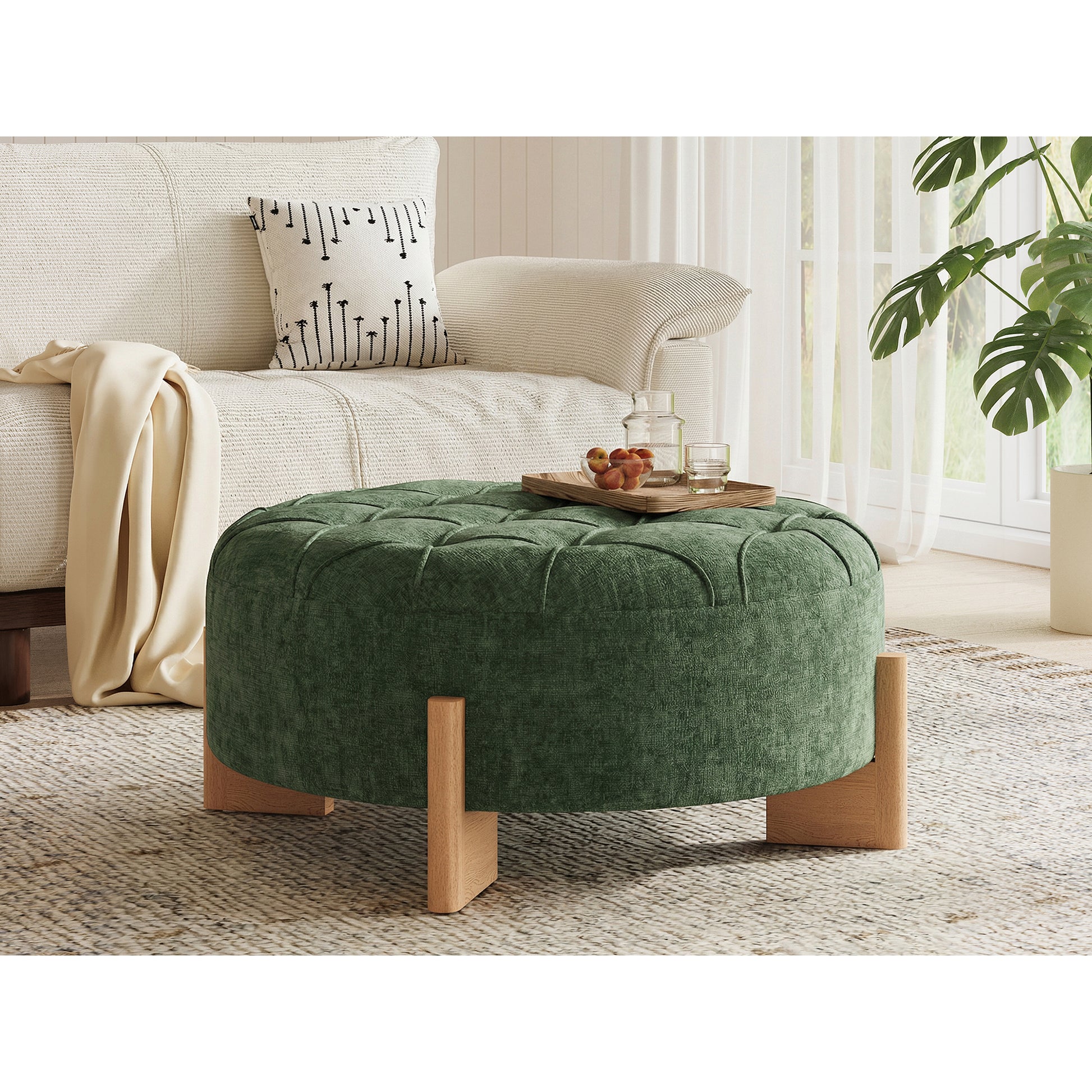 variant-group:rf-n723p405298g|Roomfitters 32 Inch Oversized Round Button-Tufted Ottoman, Upholstered Coffee Table Footrest with Wood Legs, Green