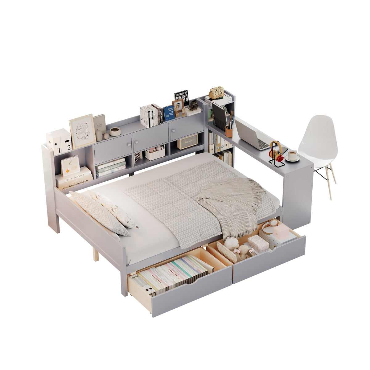 Roomfitters Full Size Wooden L-Shaped Daybed with 3 Cabinets, 2 Drawers, Desk and Bookshelf, Gray