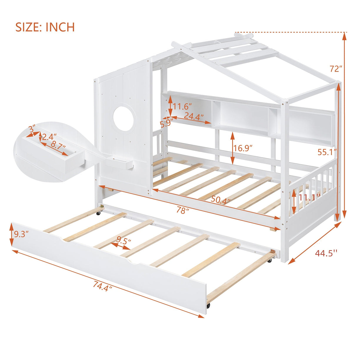 Roomfitters Wooden Twin Size House Bed with Trundle and Storage Shelf, White