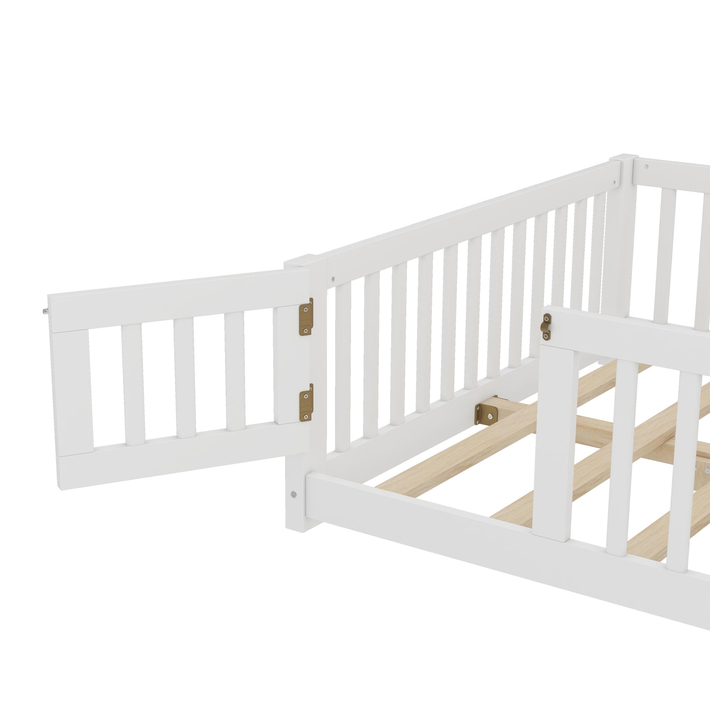 variant-group:rf-w1580p338950|Roomfitters Wooden Full Floor Bed Frame with Door & Safety Guardrails, Low Platform Design for Bedroom or Playroom, White