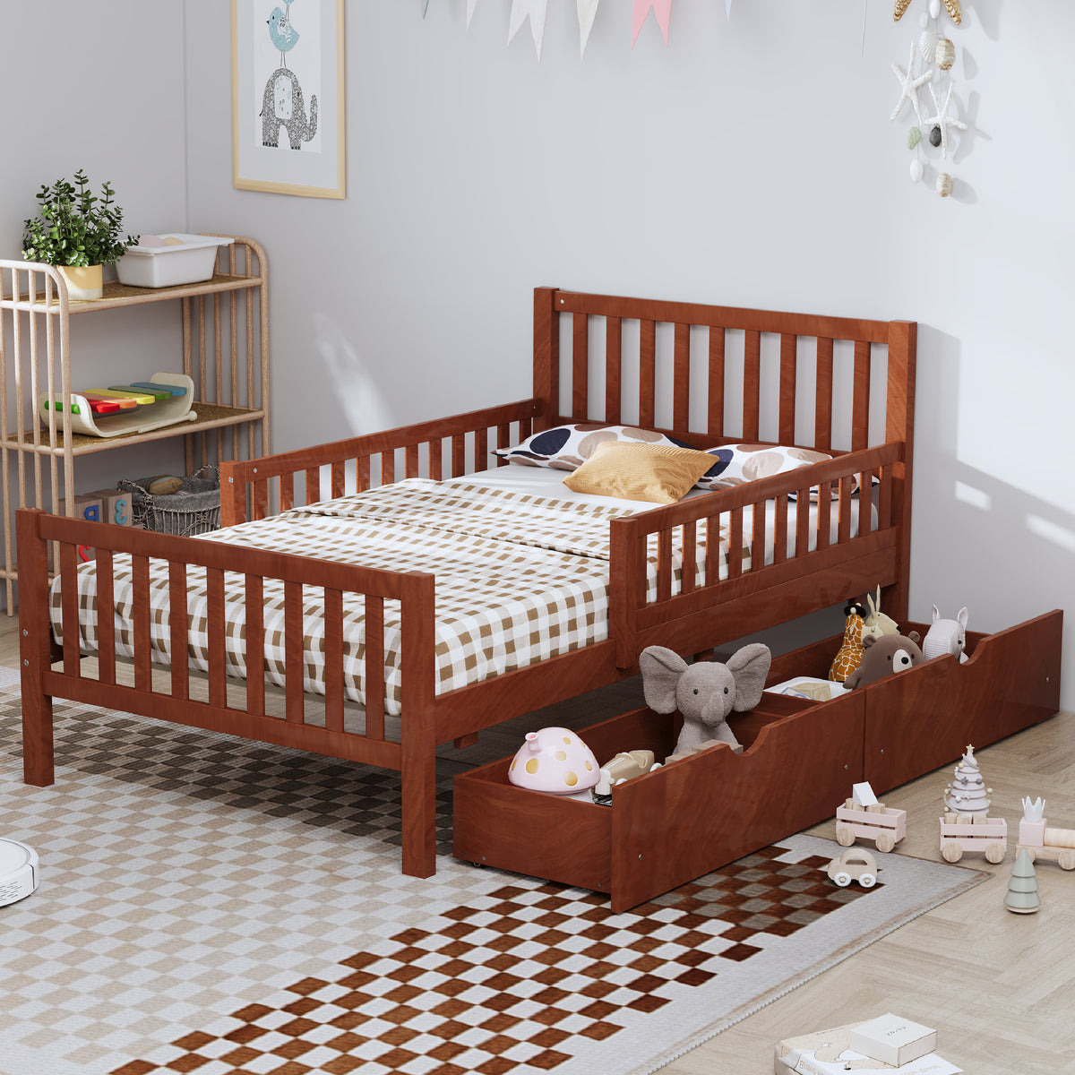 variant-group:rf-n733p172696d|Roomfitters Twin Size Wood Platform Bed with Guardrails and 2 Storage Drawers, Walnut