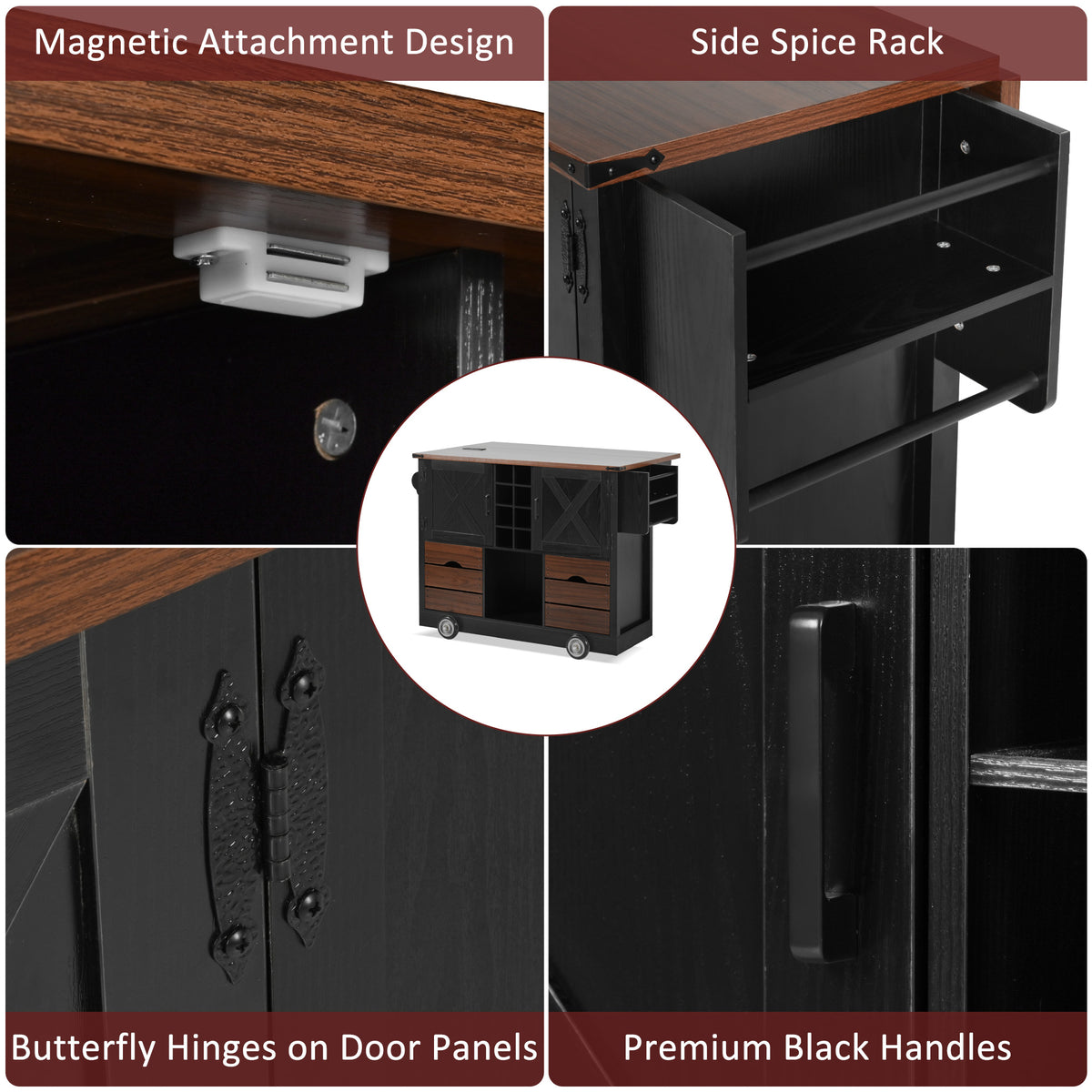 variant-group:rf-n707p349814b|Roomfitters 54" Farmhouse Kitchen Island with Drop Leaf, Power Outlet, Wine Rack, 2 Drawers, 2 Doors, Black