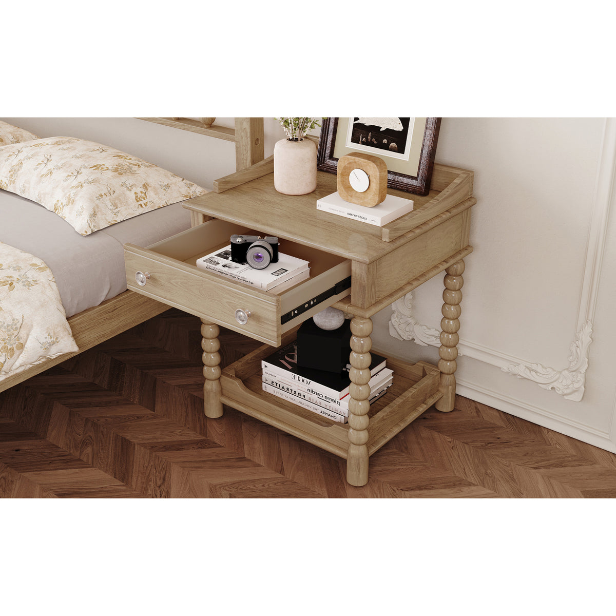 variant-group:rf-n733p206240m|Roomfitters Retro Nightstand Bedside Table with Open Shelf and Storage Compartment, Metal Handle Accent, Natural