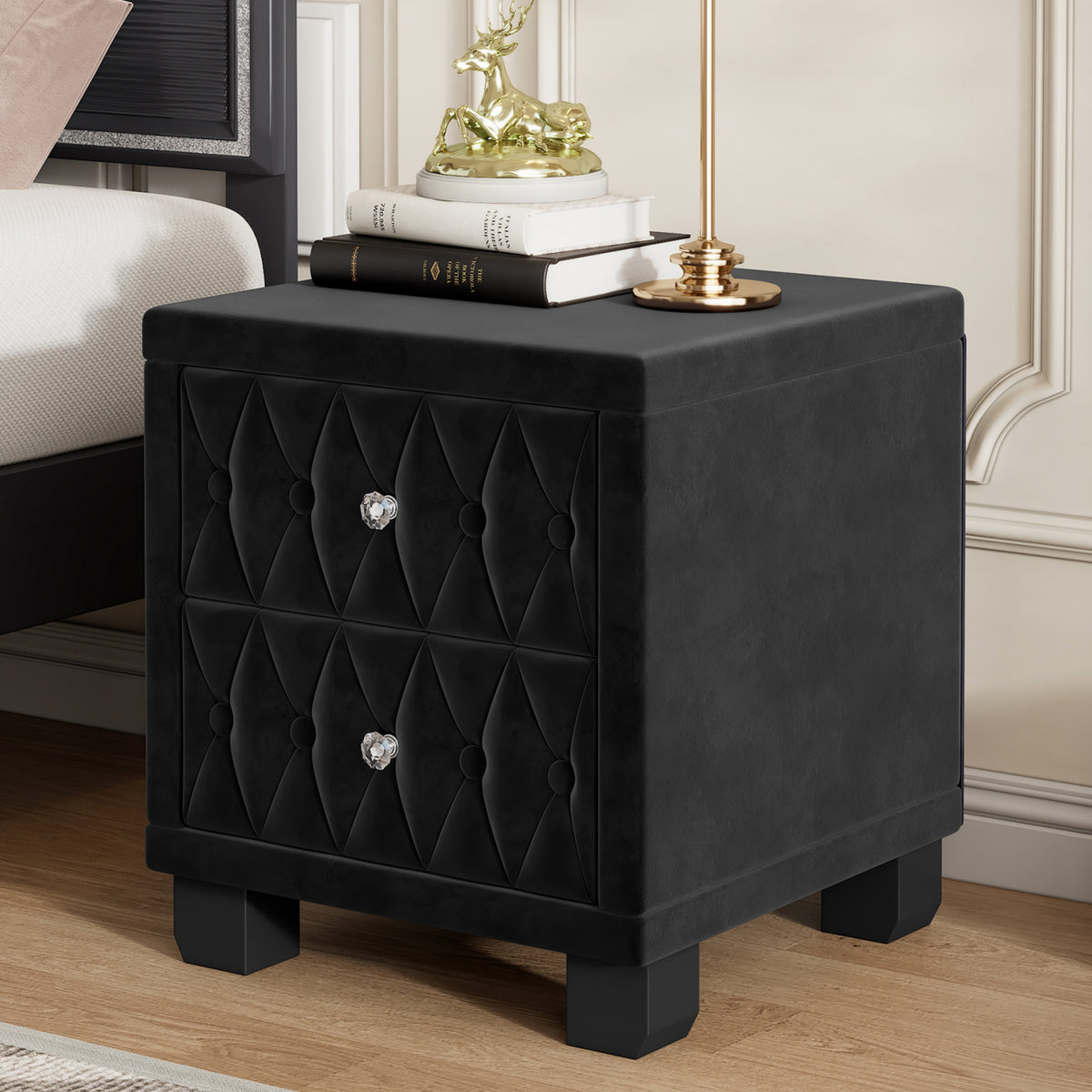 variant-group:rf-n733p210398b|Roomfitters Velvet Nightstand with Crystal Handles, Button-Tufted Upholstered Bedside Table with Two Storage Compartments, Black