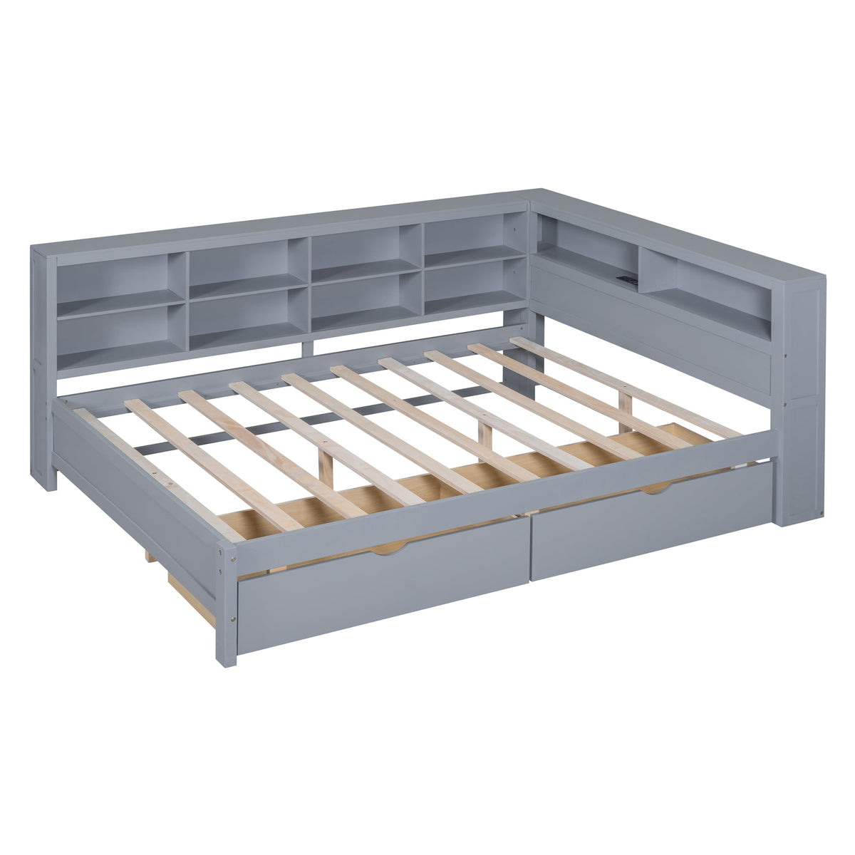 Roomfitters Wooden Full Size Daybed with Versatile Storage Shelf and USB Charging Ports, Functional Design for Modern Living, Grey