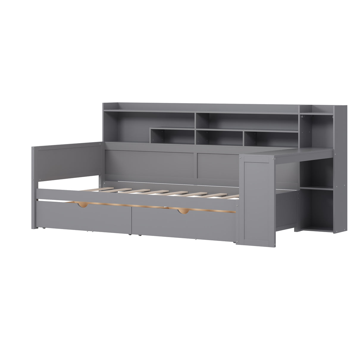 variant-group:rf-n733s241484e|Roomfitters Wooden Twin Size Daybed with Storage Shelves, Multi-functional Bed with Two Storage Compartments and Study Desk, Gray