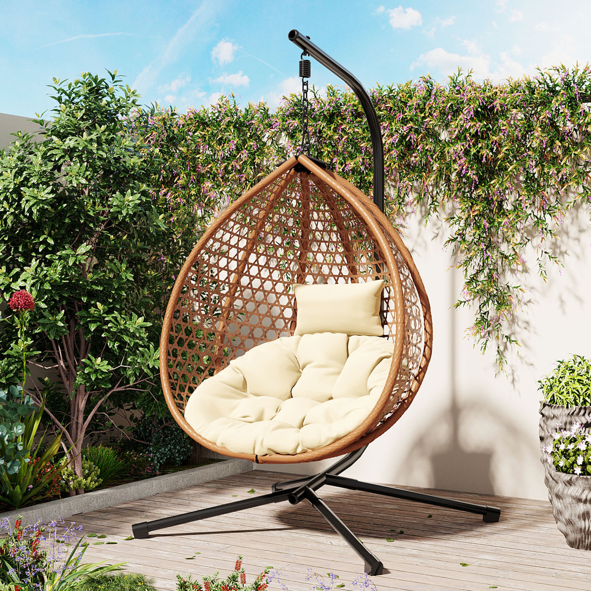 variant-group:rf-n711p255131q|Roomfitters Hanging Egg Chair with Stand, Rattan Wicker Swing Chair with Cushion for Indoor Outdoor Patio Balcony, Beige