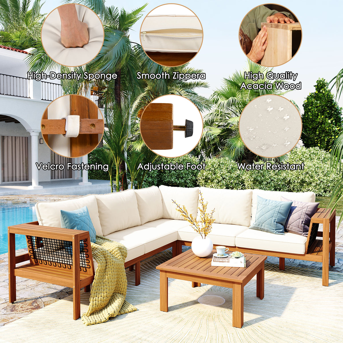 variant-group:rf-n704f201249n|Roomfitters 4-Piece Outdoor Sectional Sofa Set with Coffee Table and Built-in Side Shelves, Wood Frame, Beige+Teak