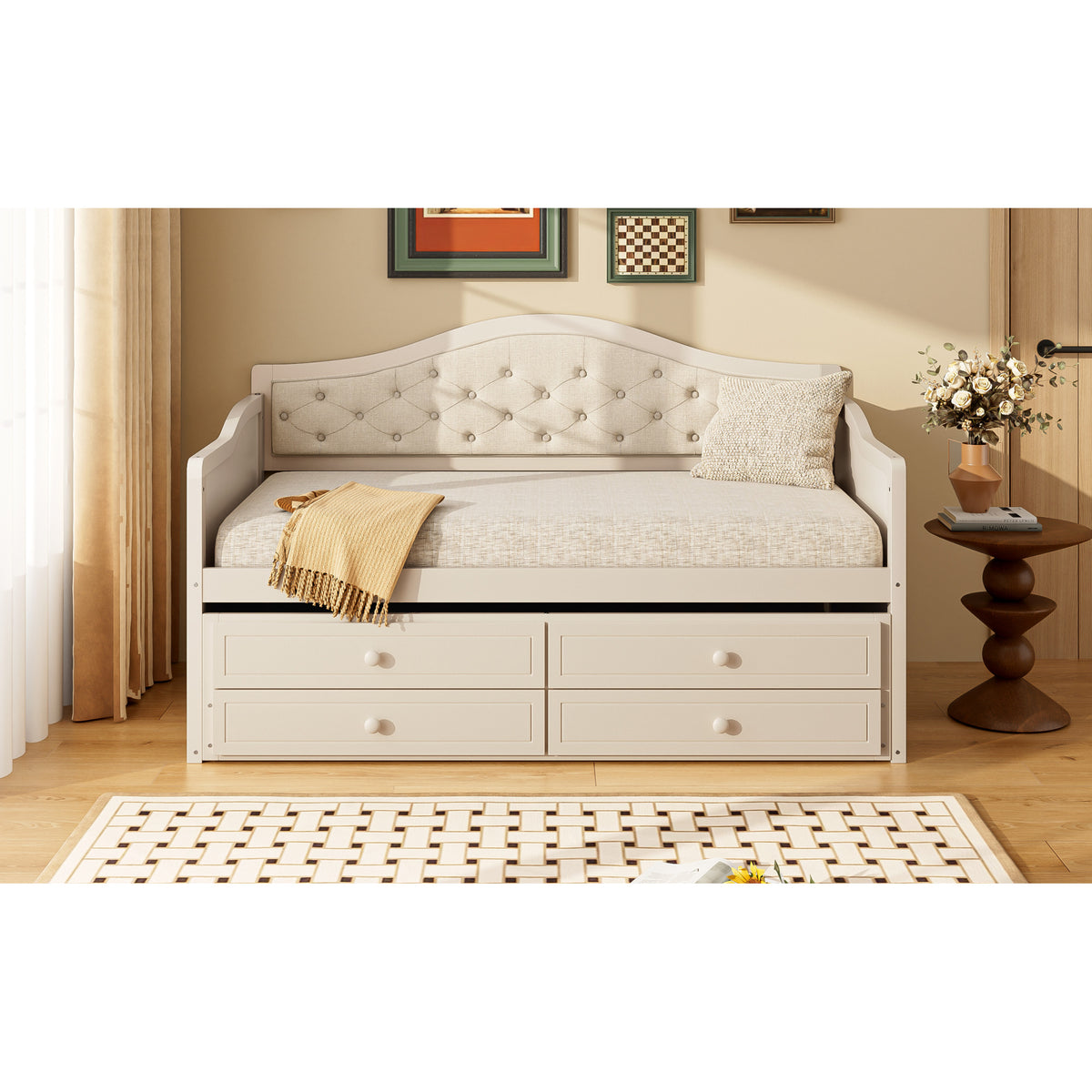 variant-group:rf-n733s346767a|Roomfitters Twin Daybed with Trundle, Wooden Sofa Bed with 2 Storage Drawers & Tufted Backrest, Beige