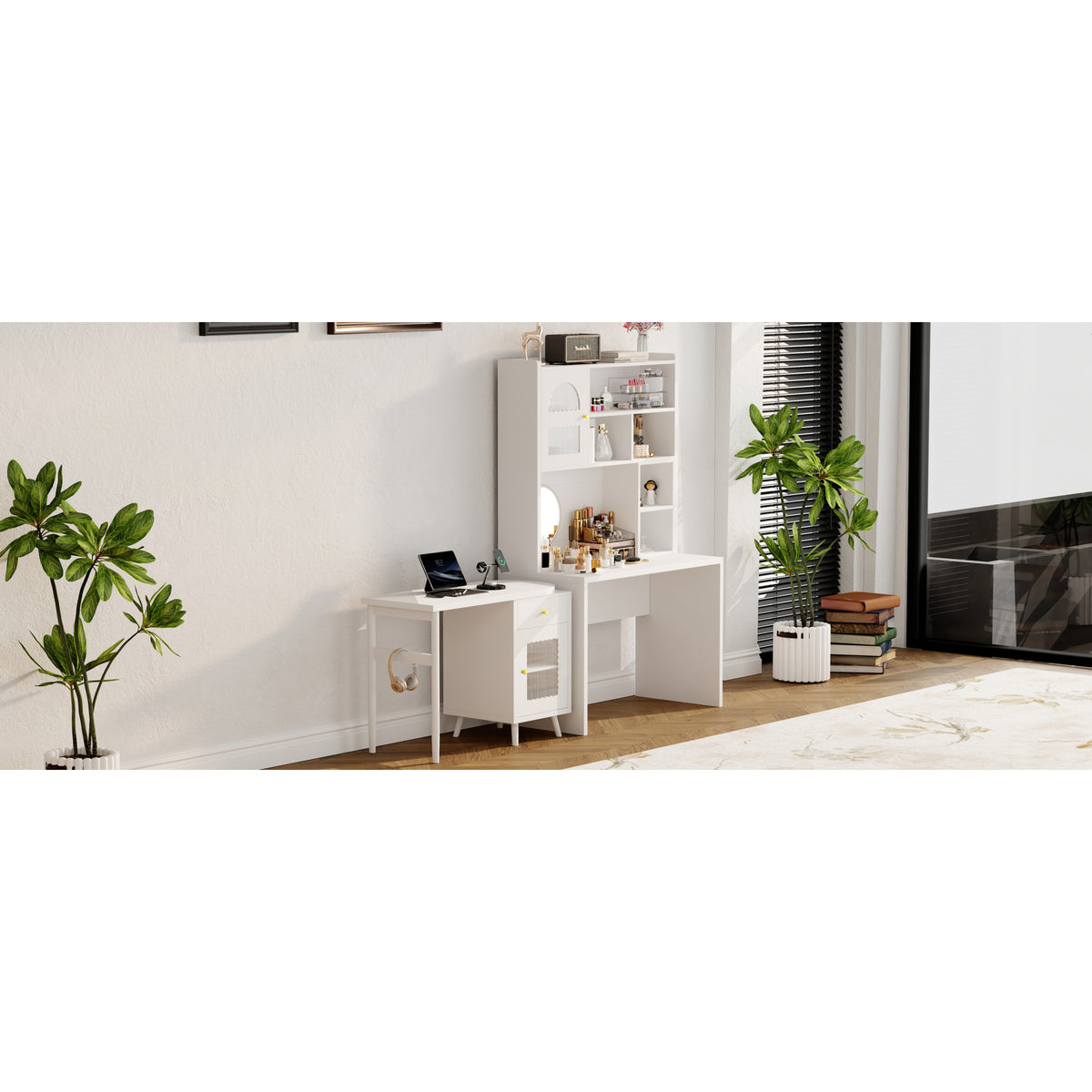 variant-group:rf-n733s363716k|Roomfitters Rotating L-Shaped Computer Desk with Shelves and Storage, 90° Swivel Office Writing Desk, White