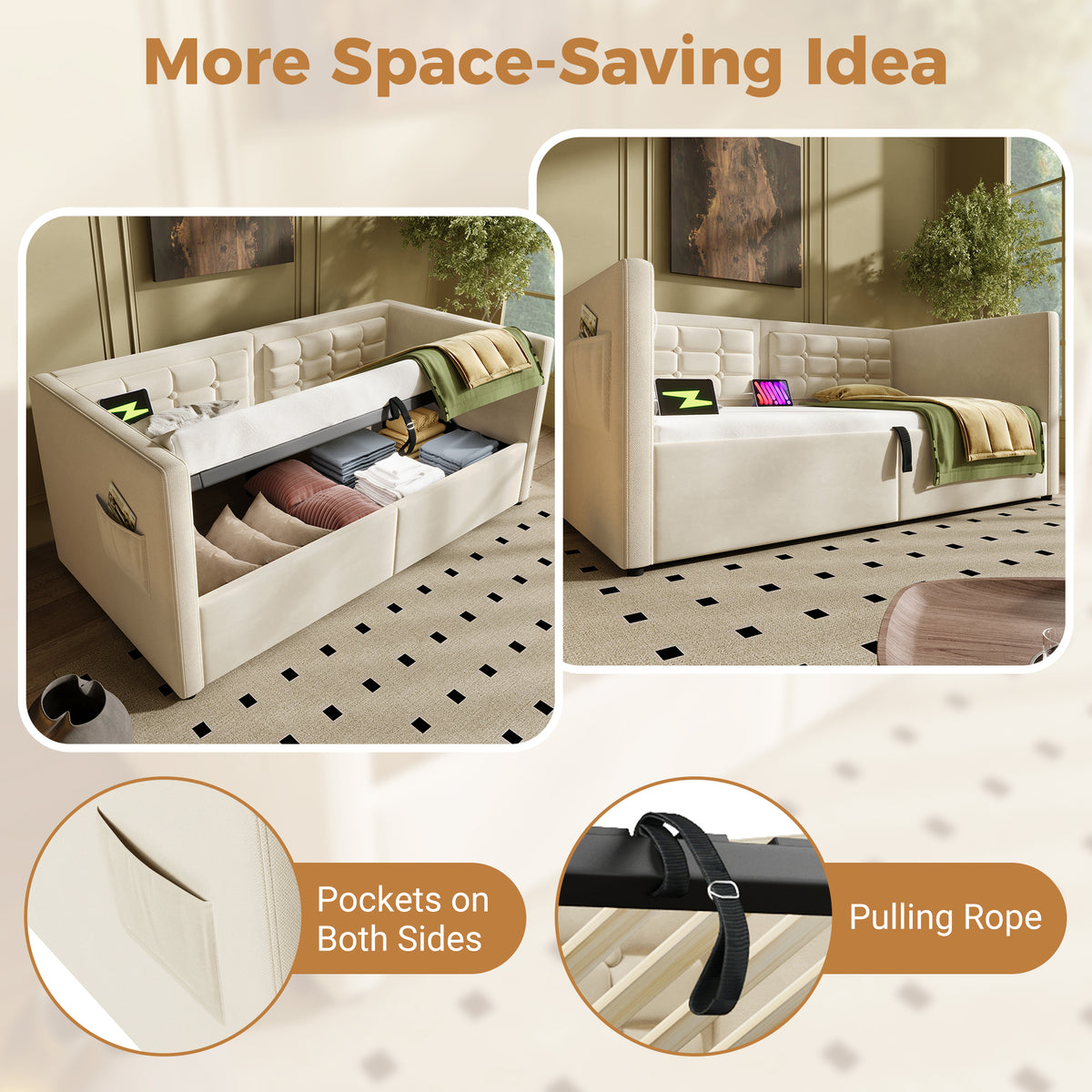 variant-group:rf-n736p303402b|Roomfitters Upholstered Twin Size Daybed with Storage, USB & Type-C Charging, Tufted Sofa Back, Velvet Beige