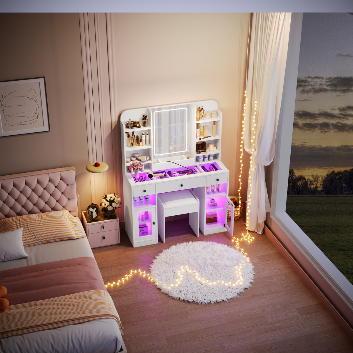 variant-group:rf-n704p407114k|Roomfitters 43.2" Makeup Vanity Desk with LED Lighted Mirror, Glass Door Cabinets, Charging Station and Stool, White