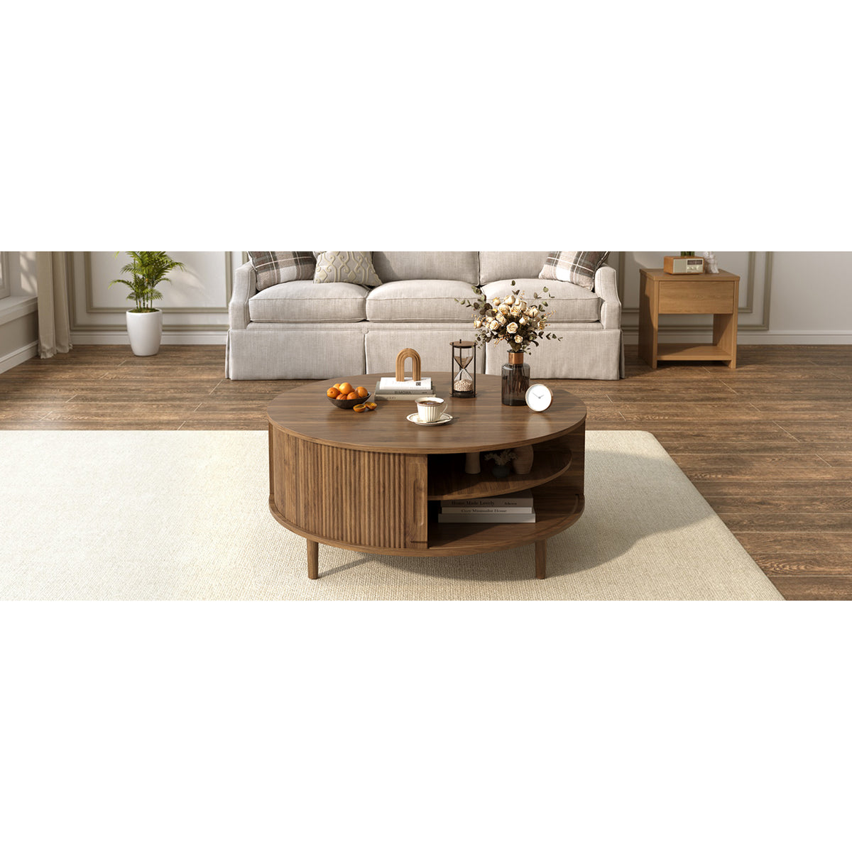 variant-group:rf-n724p416053m|Roomfitters Minimalist Round Lift-Top Coffee Table with Side Sliding Door, Antique Brown