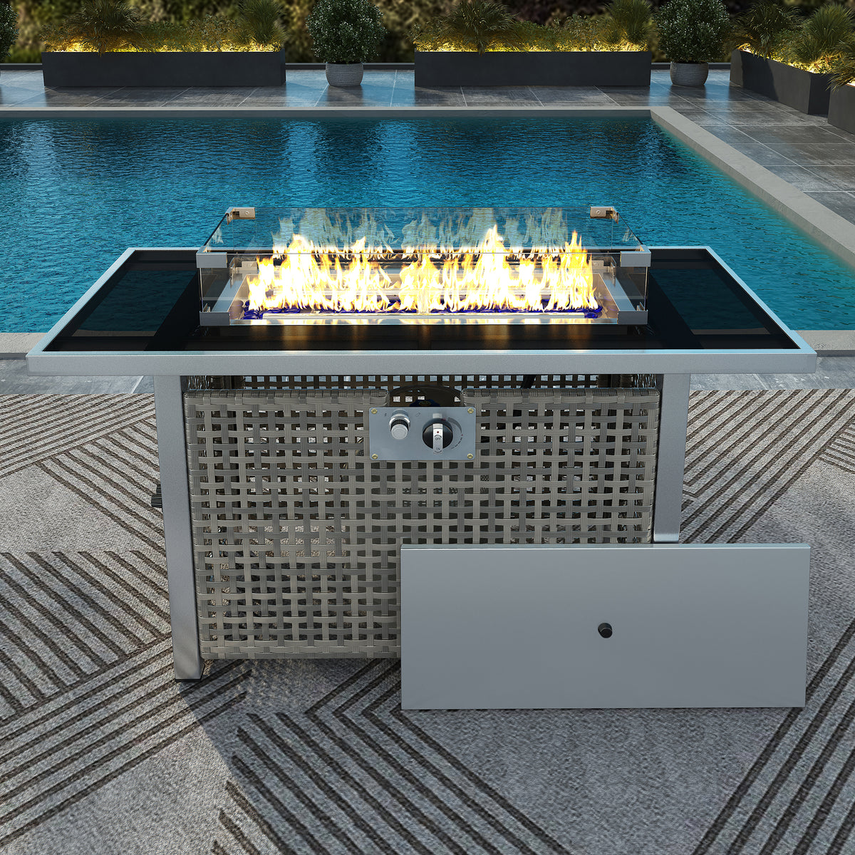 variant-group:rf-n707p210158g|Roomfitters 43" Propane Fire Pit Table, 60,000 BTU Rectangular Wicker Fire Pit with Glass Wind Guard for Patio, Grey