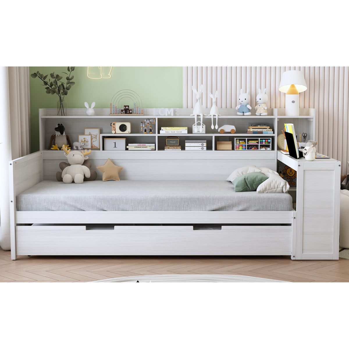 variant-group:rf-n733s373389k|Roomfitters Twin Daybed with Trundle, Storage Shelves and Desk, Wooden Multi-Functional Bed, Antique White
