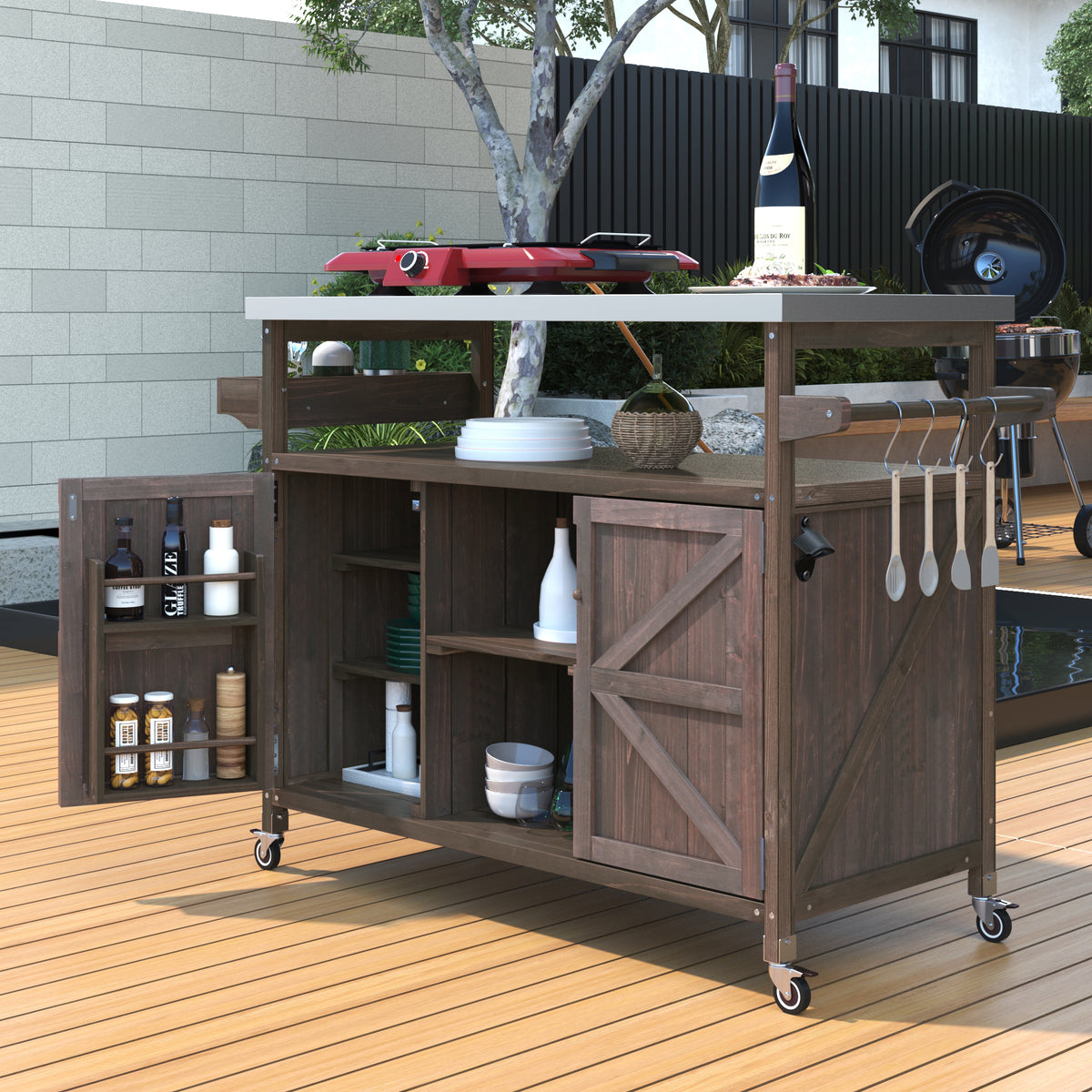 variant-group:rf-n707wf532198aaz|Roomfitters Outdoor Kitchen Island Rolling Bar Cart & Storage Cabinet, Farmhouse Solid Wood Outdoor Grill Table with Stainless Steel Top, Spice Rack, Towel Rack for Kitchen & Barbecue, Dark Brown