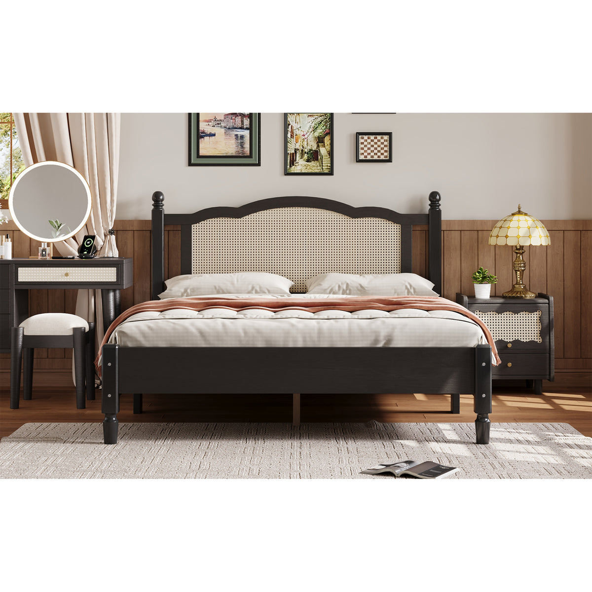 variant-group:rf-n733p180013b|Roomfitters Queen Size Wooden Platform Bed with Natural Rattan Headboard, Vintage-Inspired Bed Frame with Sturdy Wooden Slat Support for Timeless Elegance, Black