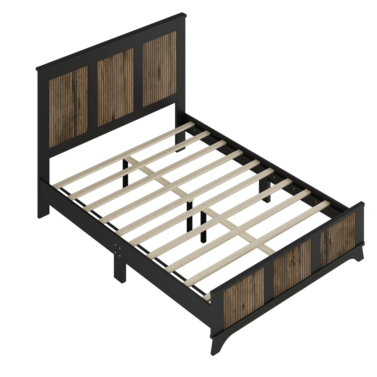 variant-group:rf-n733wf530906aab|Roomfitters Farmhouse Wooden Platform Queen Size Bed, Modern Platform Bed with Wooden Strip Stickers Decoration, Plywood Slats Support, Black