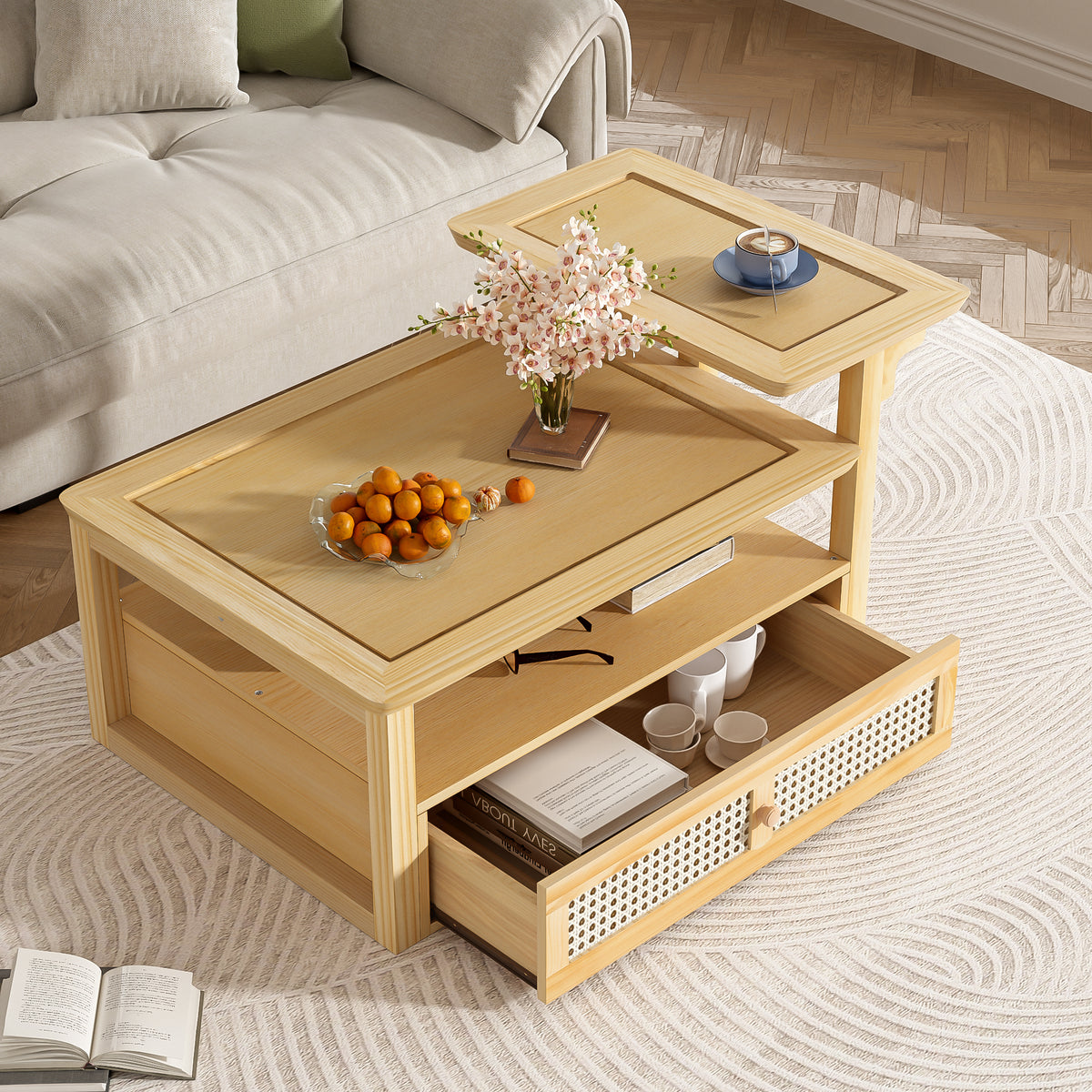 variant-group:rf-n724p232190n|Roomfitters Modern Coffee Table with Open Shelf, Dual Tabletops and Rattan Accent Storage, Natural