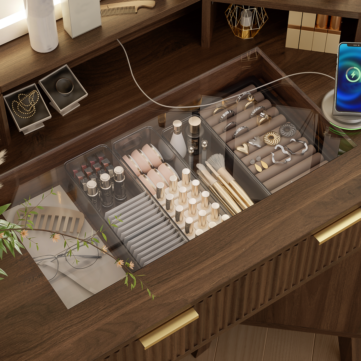 variant-group:rf-n704p392485p|Roomfitters 47.2" Corner Makeup Vanity Desk with 3-Panel LED Mirror, Glass Top, Charging Station and Storage Hutch, Walnut