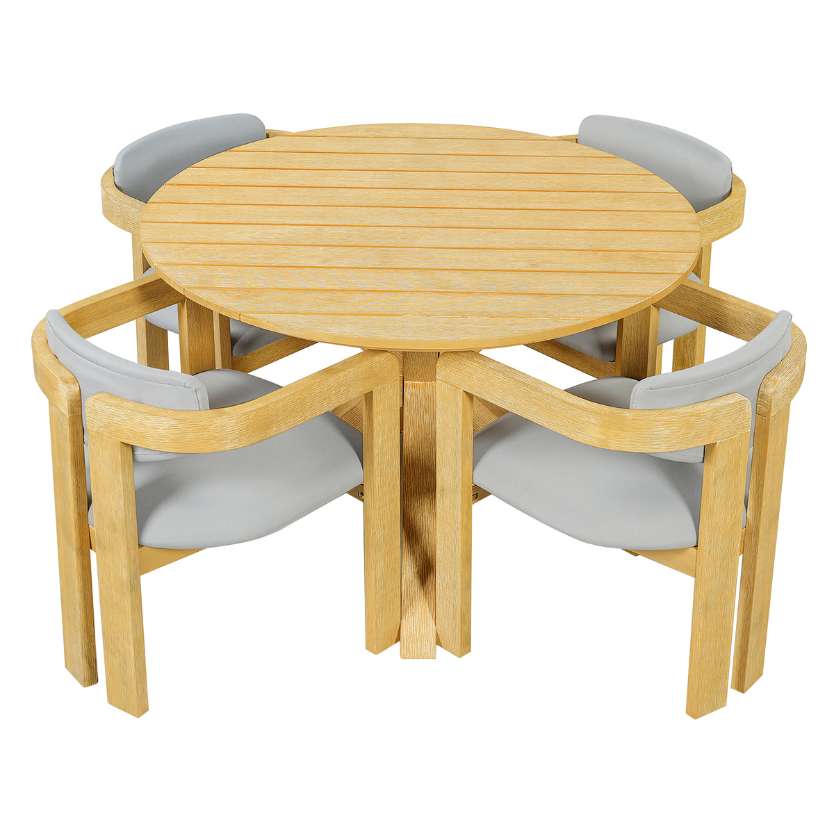 variant-group:rf-n704g201258l|Roomfitters 5-Piece Outdoor Acacia Wood Round Dining Set with Ergonomic Barrel Armchairs Gray Cushions