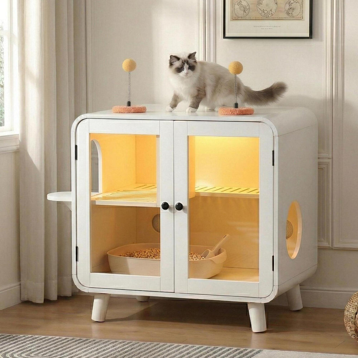 variant-group:rf-n704p419240k|Roomfitters Retro TV-Style Hidden Cat Litter Box Enclosure with App Controlled RGB LED Lights and Stairs White