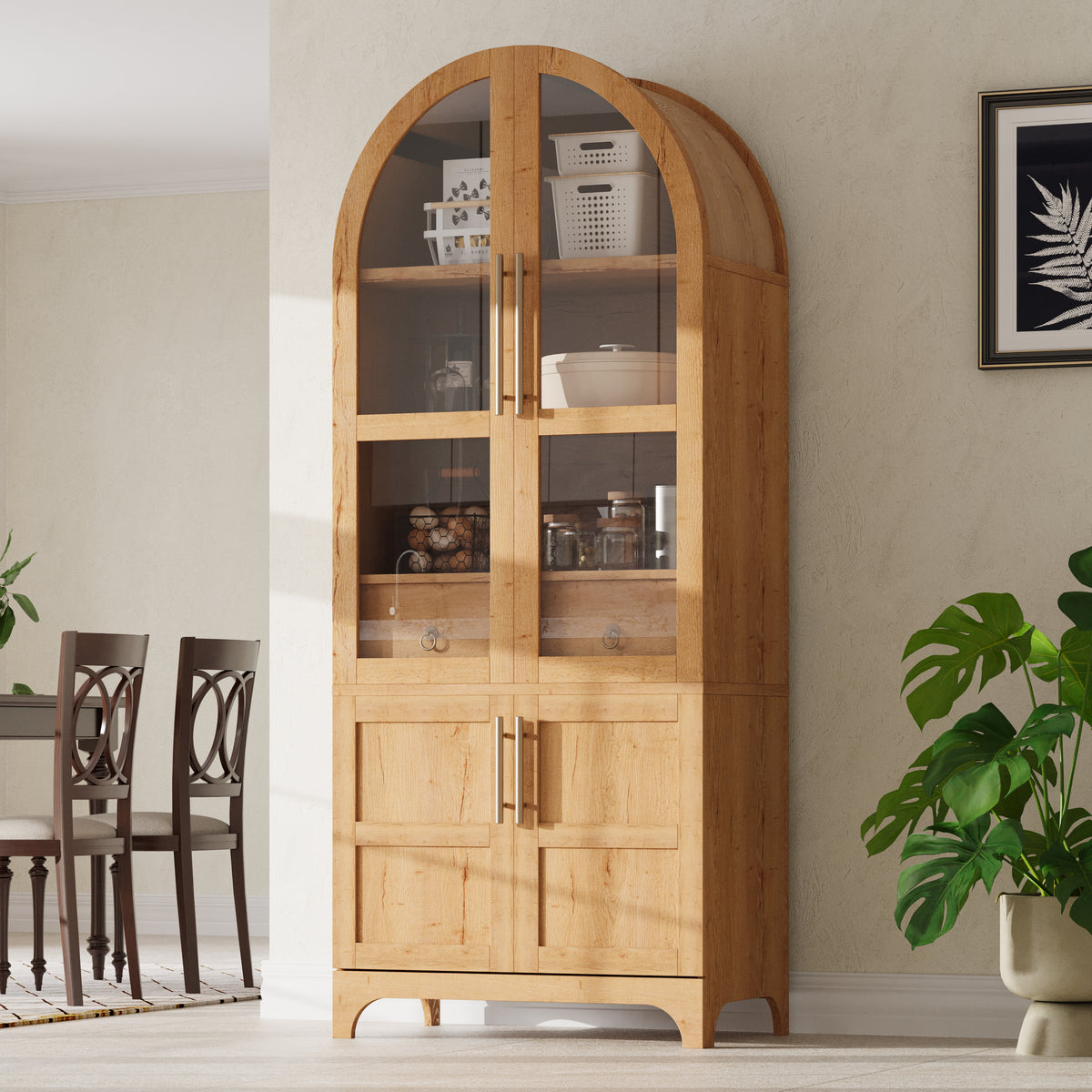 variant-group:rf-n707s288969y|Roomfitters 71" Pantry Cabinet with Arched Top & Glass Doors, 4-Door Storage Hutch with Adjustable Shelves for Kitchen, Natural