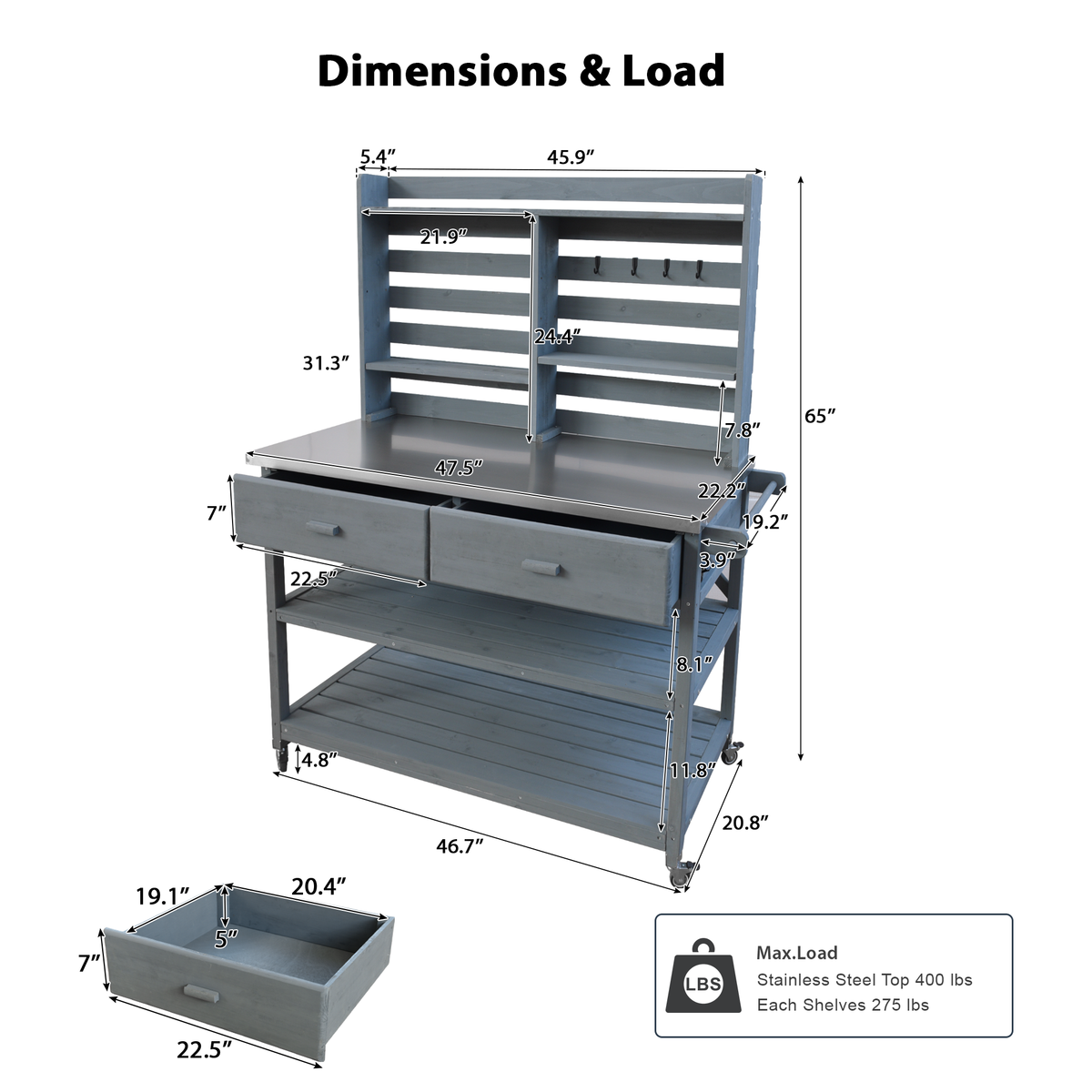 variant-group:rf-n707p228274g|Roomfitters 64.9" Outdoor Potting Bench Table, Rolling Kitchen Island with Hutch, Stainless Steel Top, Storage, Grey Blue