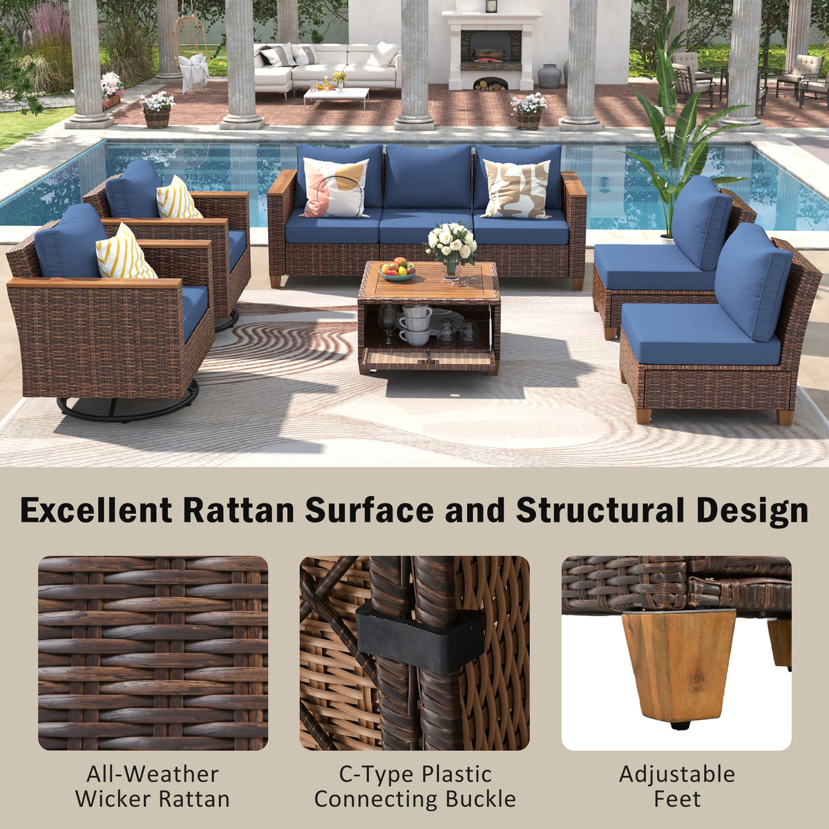 variant-group:rf-n707s005016e|Roomfitters 8-Piece Patio Furniture Set with 360 Swivel Rocker Chairs, Modular Outdoor Sectional Sofa & Table, Blue+Brown