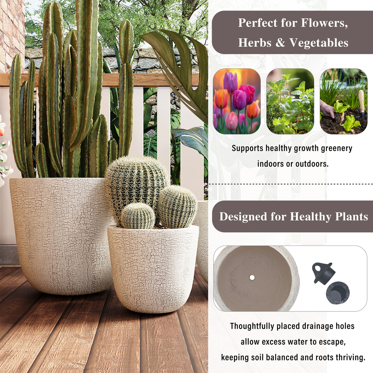 variant-group:rf-n711p406660a|Roomfitters Lightweight MGO Planter Set of 3, Round Weather Resistant Outdoor Indoor Flower Pots for Garden Patio, Beige