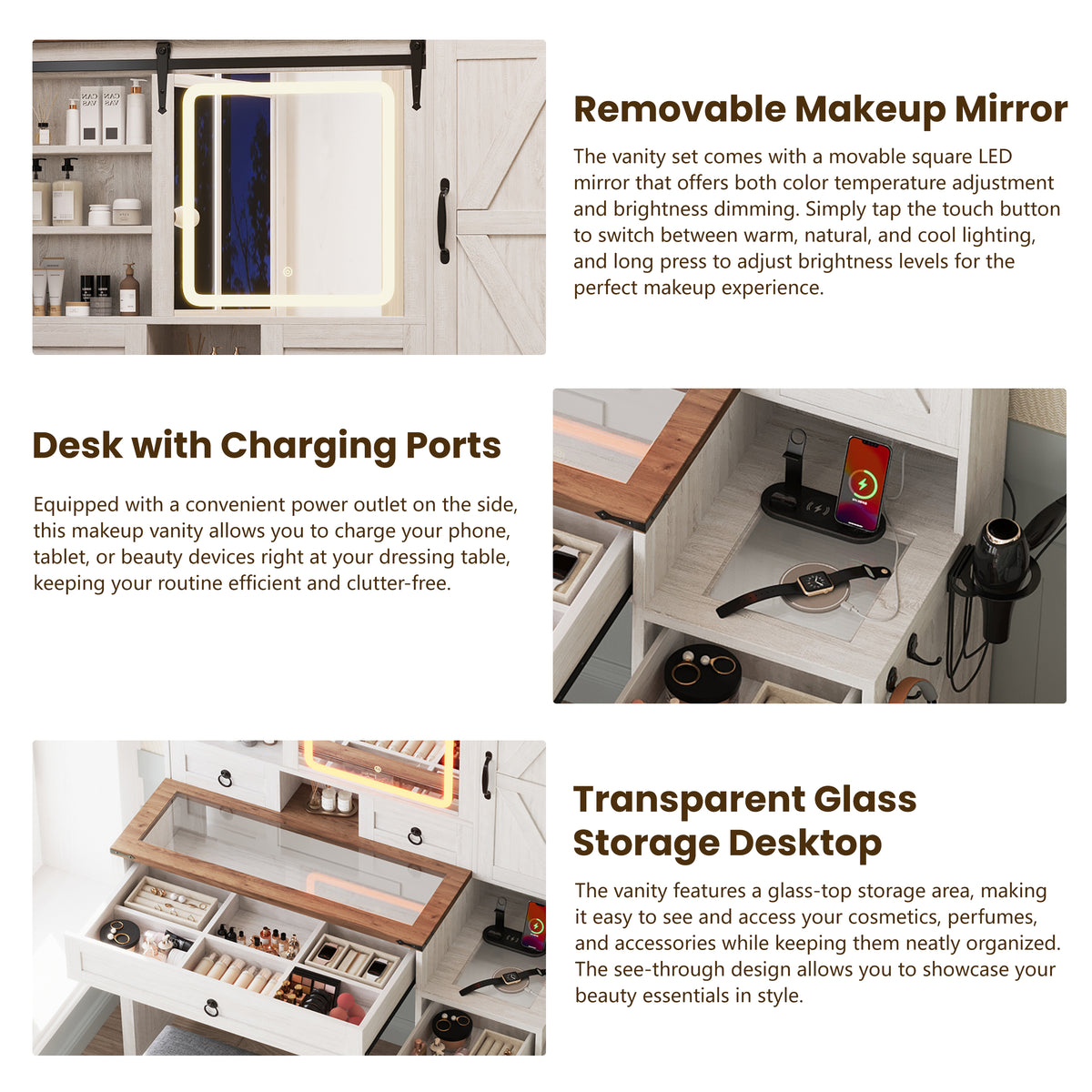 variant-group:rf-n733p340562k|Roomfitters Farmhouse Vanity Desk with Sliding Mirror & Lights, Glass Top, Charging Station, 4 Drawers, 2 Cabinets, Stool, White