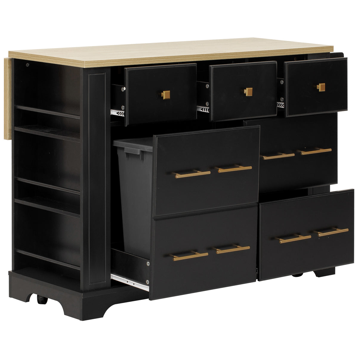 variant-group:rf-n707s307292b|Roomfitters 51" Kitchen Island with Power Outlet and Drop Leaf, Rolling Cabinet with Pull-Out Trash Can Drawer, Black