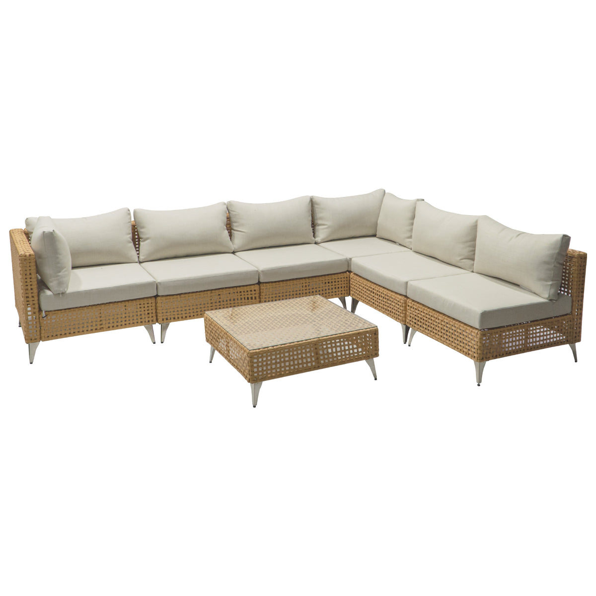 variant-group:rf-n707s000011z|Roomfitters 7-Piece Wicker Patio Furniture Set, Outdoor Sectional Sofa with Water-Resistant Cushions, Table, Natural