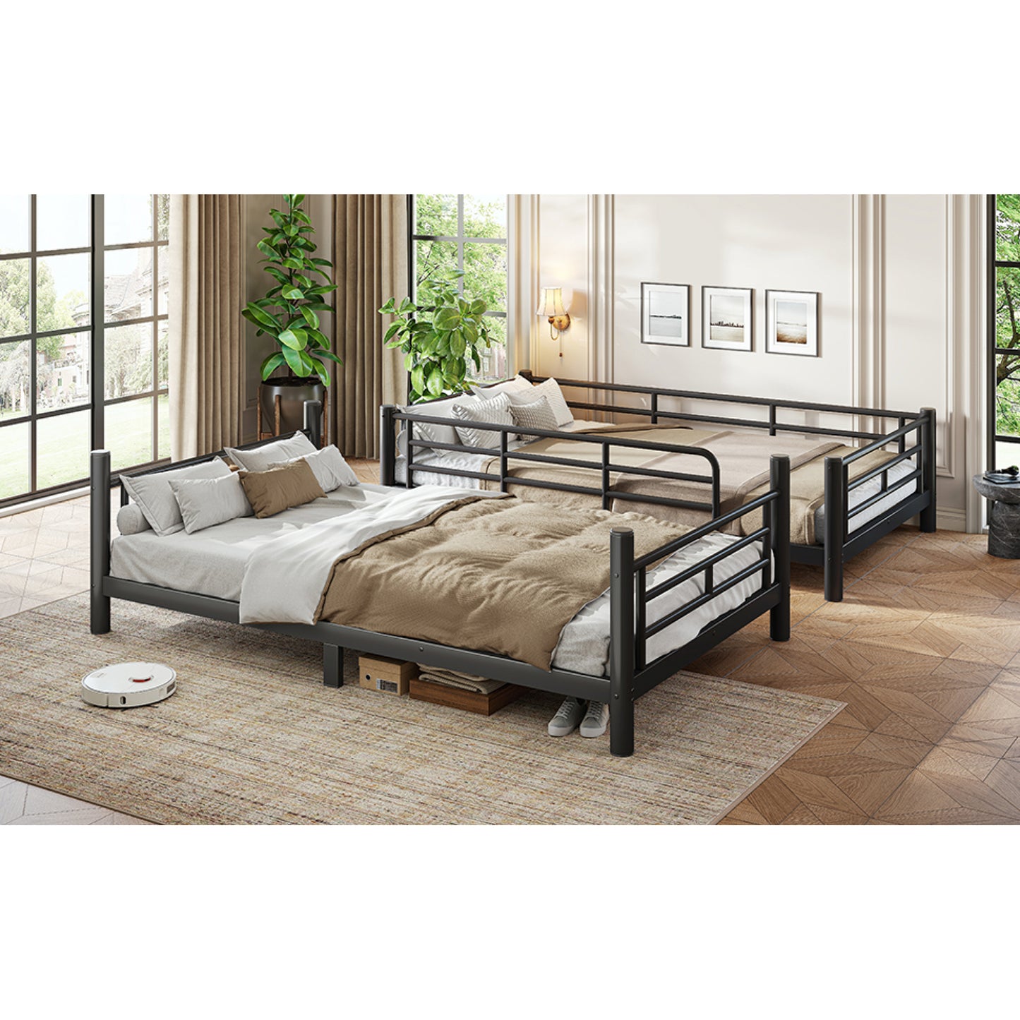 variant-group:rf-w1580p454721|Roomfitters Twin XL over Twin XL Metal Bunk Bed Frame for Teens Adults, Convertible 2 Separate Beds Round Tube, Black