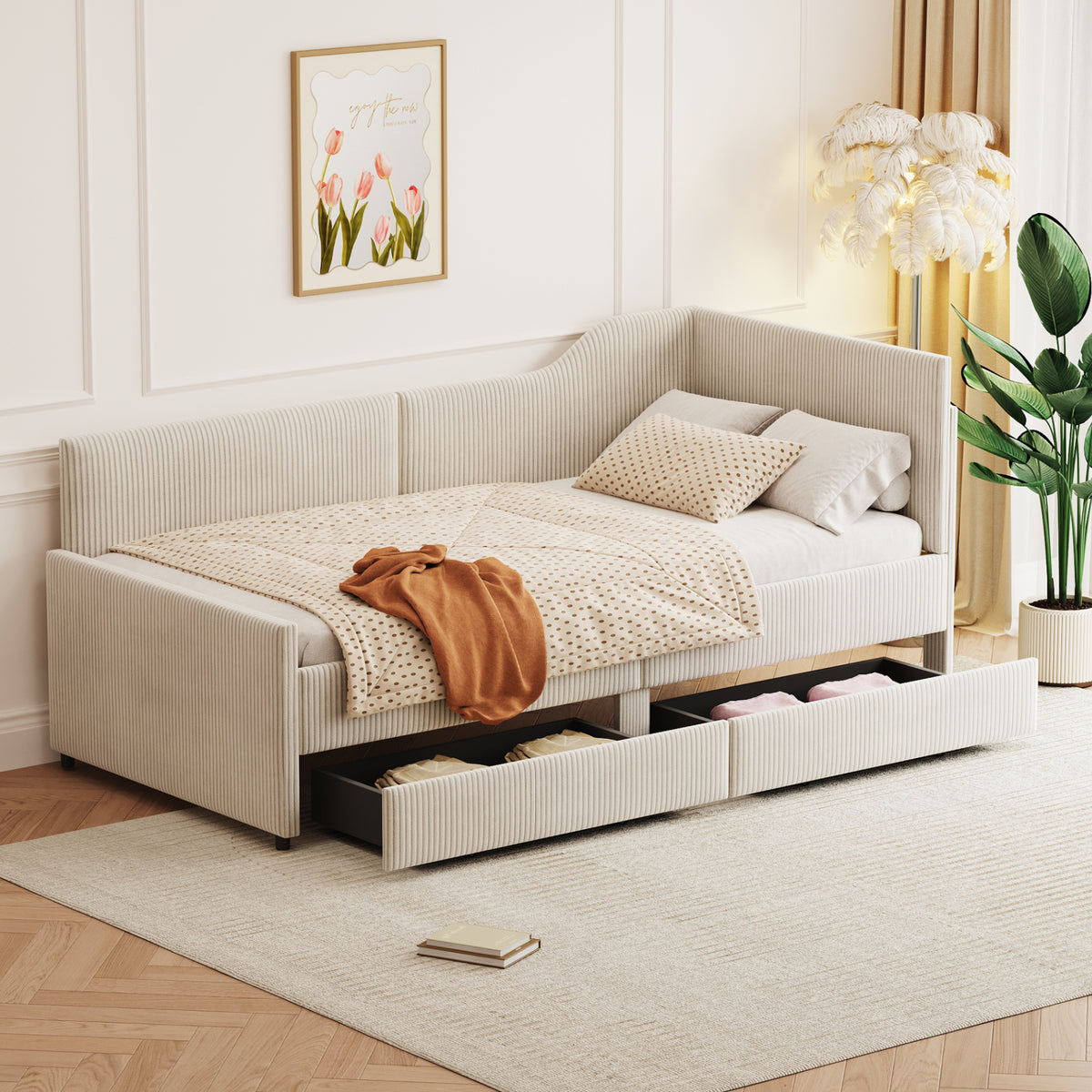 variant-group:rf-n733p171470a|Roomfitters Twin Size L-Shaped Corduroy Daybed, Upholstered Platform Bed Frame with 2 Convenient Storage Drawers for a Modern Touch, Beige