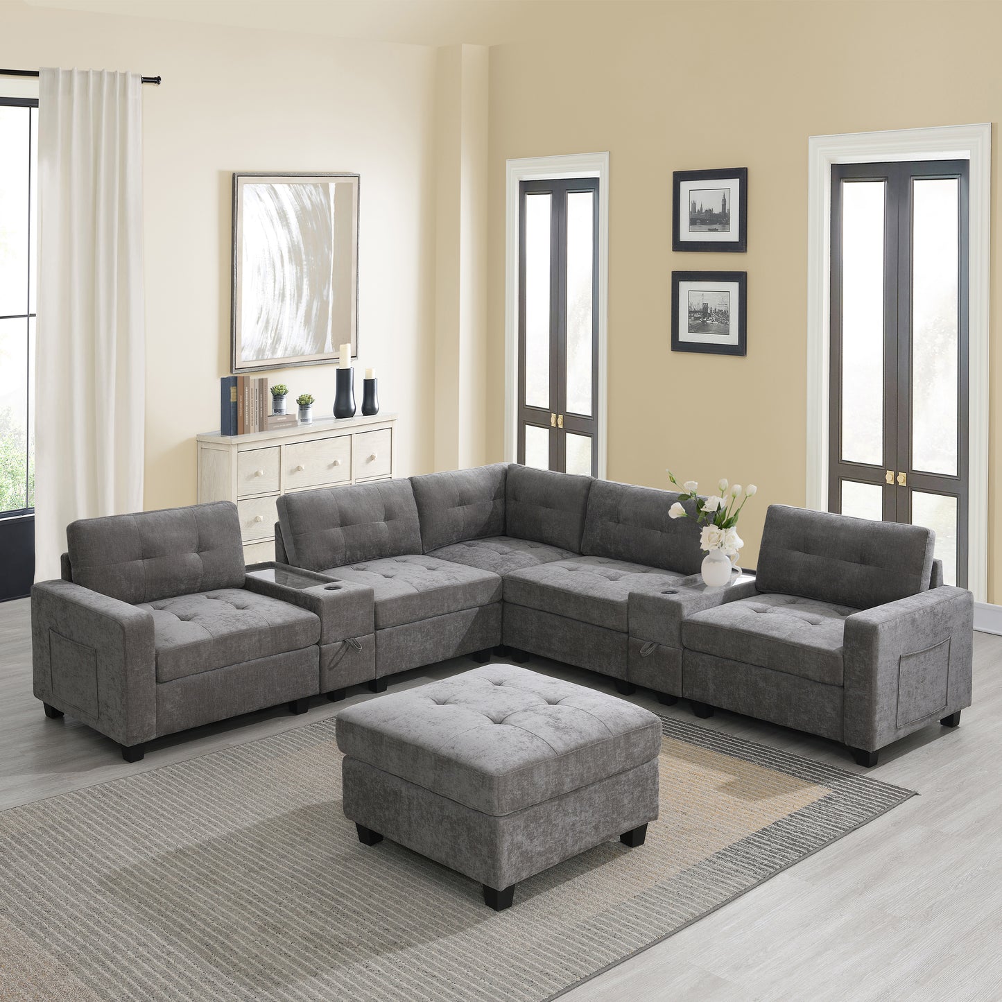 variant-group:rf-n723s1191e|Roomfitters 104 Inch Modular Sectional Sofa with Console and Cup Holders, Upholstered L-Shape Couch for Home Decor, Gray
