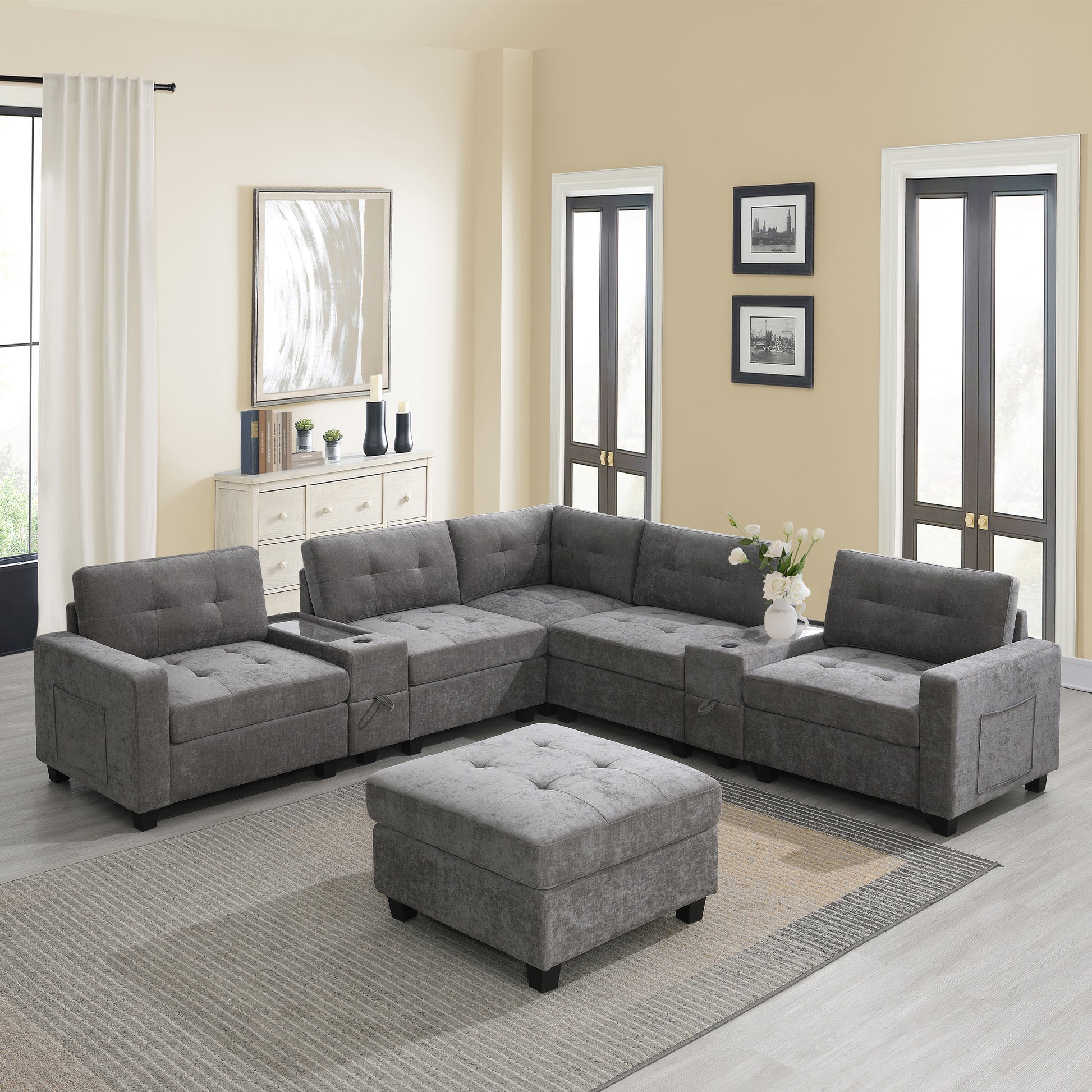 variant-group:rf-n723s1191e|Roomfitters 104 Inch Modular Sectional Sofa with Console and Cup Holders, Upholstered L-Shape Couch for Home Decor, Gray