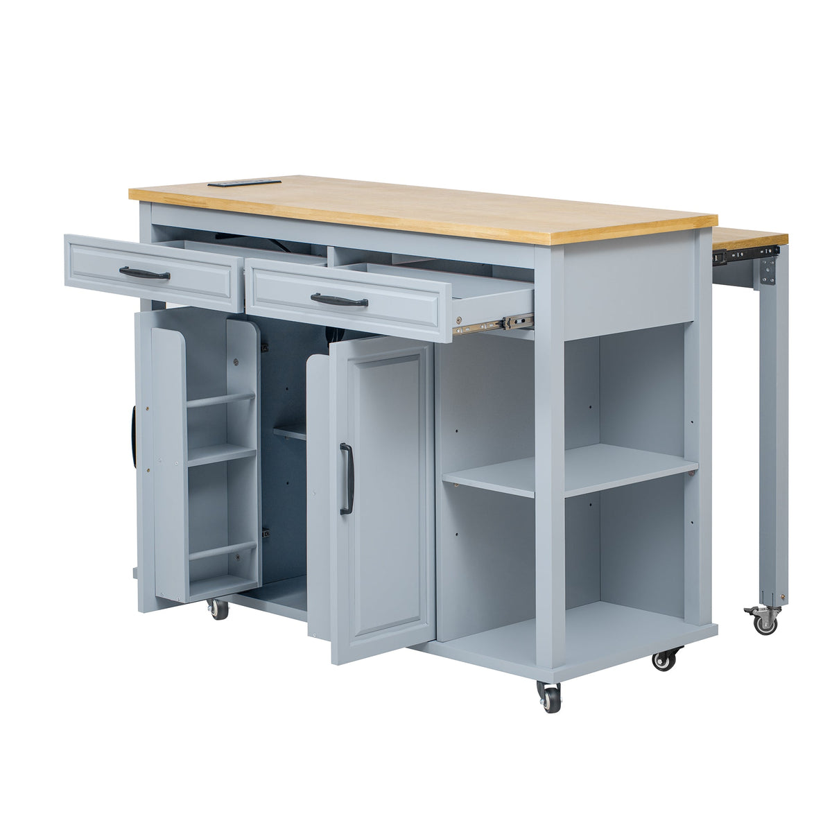 Roomfitters 47" Kitchen Island with Power Outlet and Drop Leaf, Rolling Storage Cabinet with Drawers, Modern Style, Grey+Blue