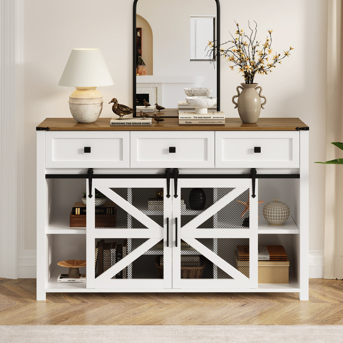 variant-group:rf-n711p347384k|Roomfitters 55" Sideboard Buffet Cabinet with 3 Drawers and Sliding Barn Doors, Farmhouse Storage for Kitchen & Dining, White