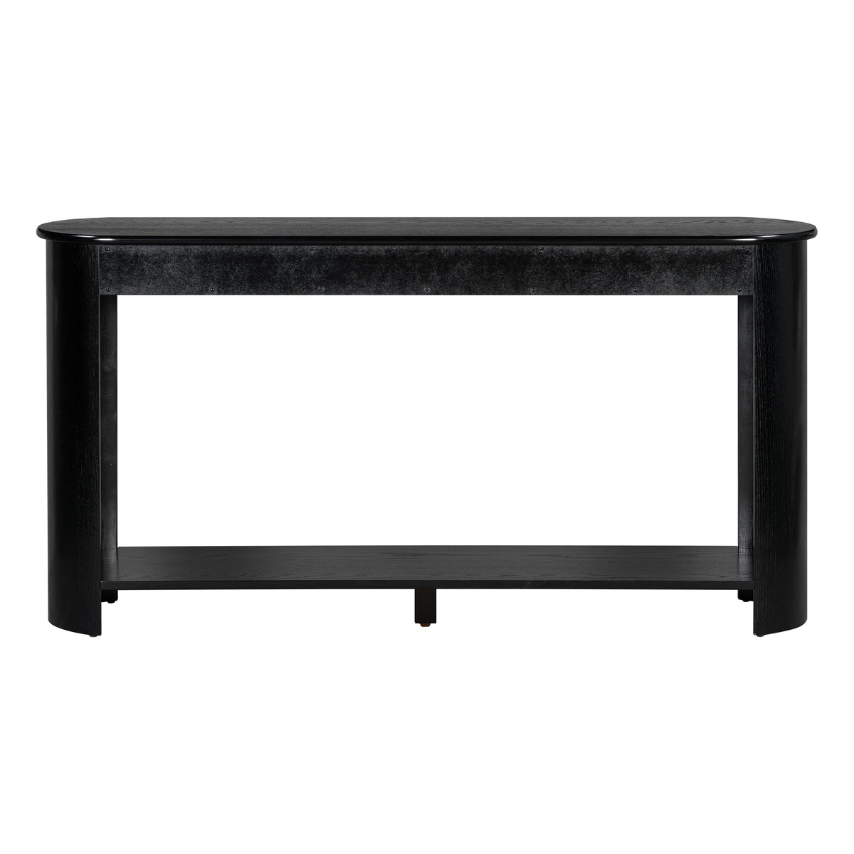 variant-group:rf-n711p395523b|Roomfitters Modern Farmhouse Black Oak Veneer Semi-Circular Console Table with 3 Drawers and Open Bottom Storage Shelf