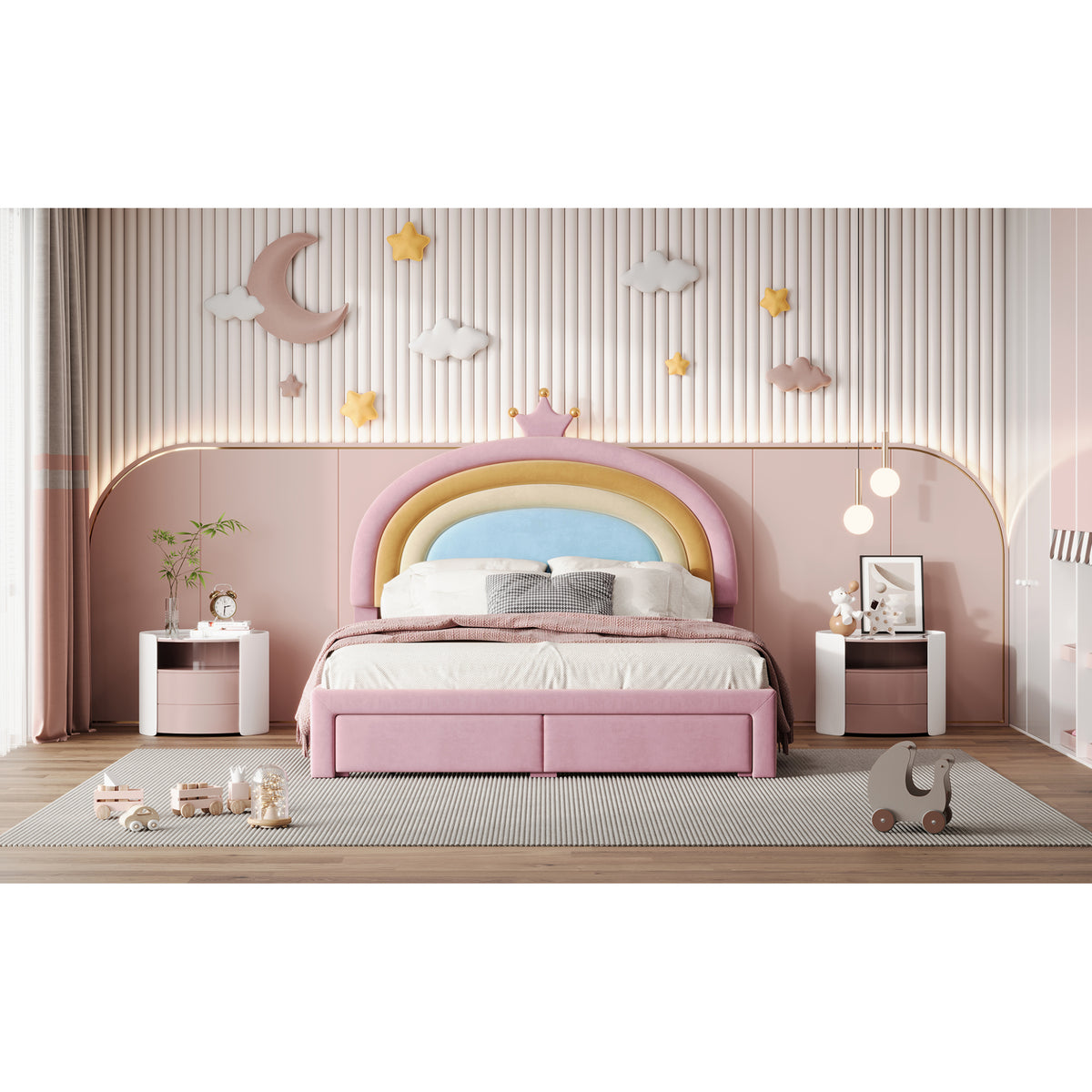 variant-group:rf-n733p234609h|Roomfitters Full Size Upholstered Rainbow Design Bed, Velvet Princess Platform Bed with Storage Drawer, No Box-spring Needed, Colorful & Pink