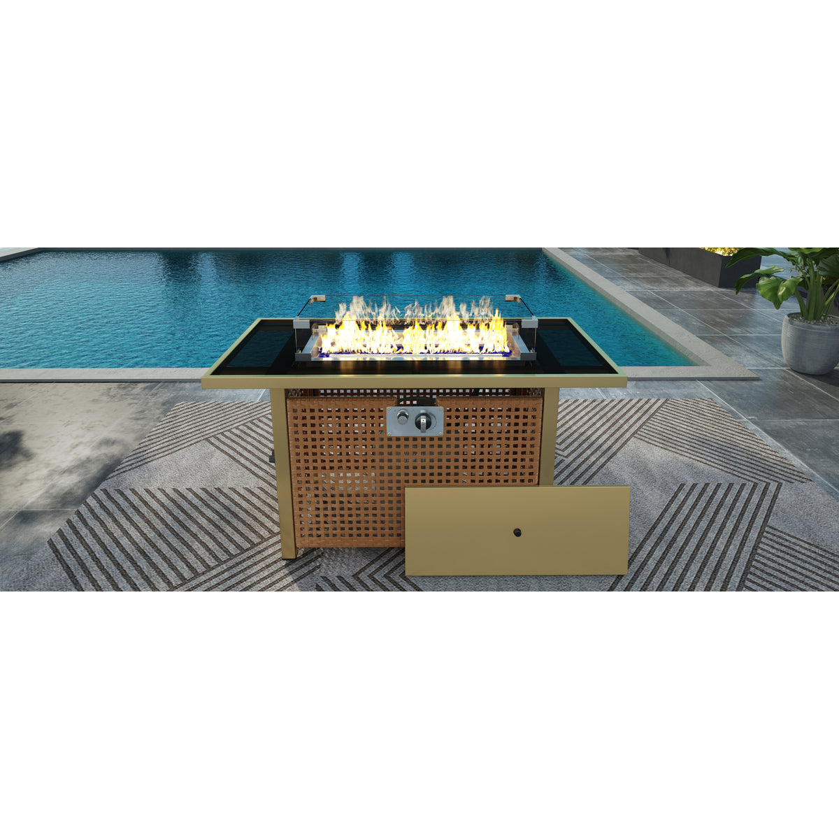 variant-group:rf-n707p210158z|Roomfitters 43" Propane Fire Pit Table, 60,000 BTU Rectangular Wicker Fire Pit with Glass Wind Guard for Patio, Natural