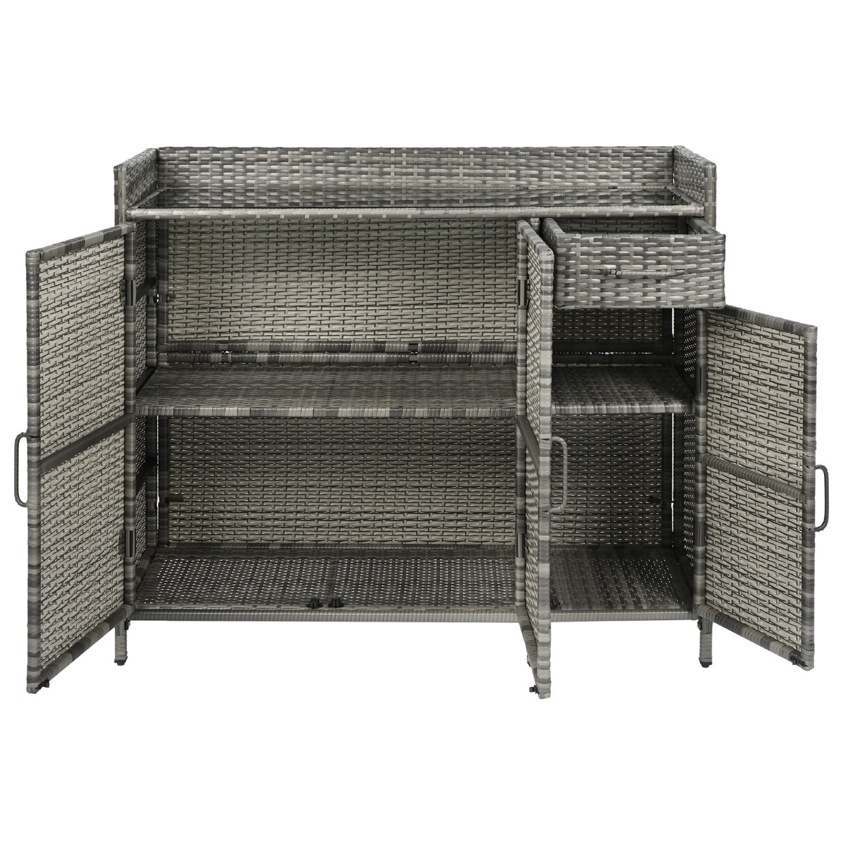 variant-group:rf-n707p233745g|Roomfitters 47.5" Wicker Outdoor Storage Cabinet, Rattan Bar Table with Glass Top, Adjustable Shelf, 3 Doors, Grey