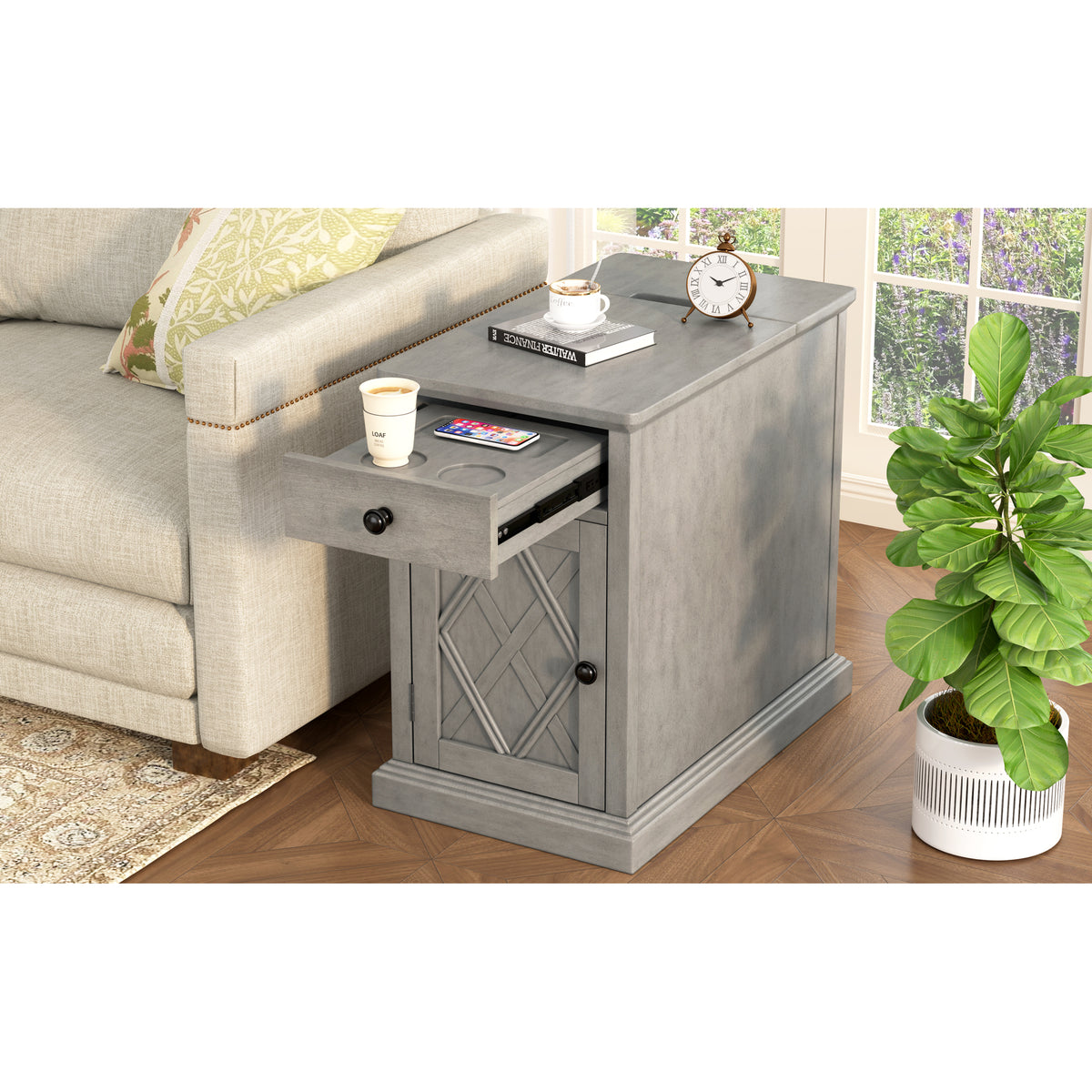 variant-group:rf-n724p353565e|Roomfitters Classic Charging End Table with USB Ports and Storage Drawer, Antique Gray