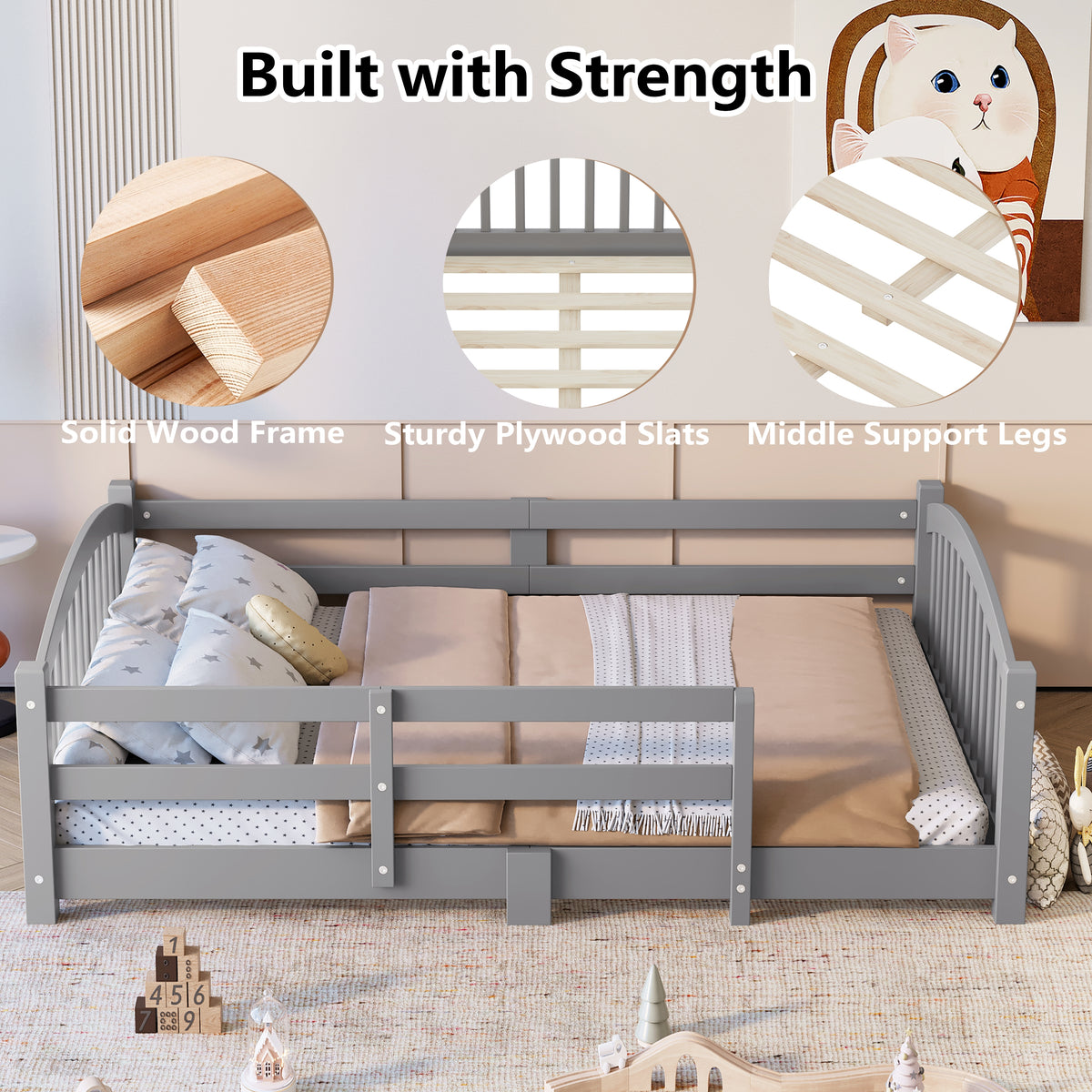 variant-group:rf-n733p400298e|Roomfitters Twin Montessori Floor Bed with Guardrails, Solid Wood Low Platform Bed with Slats, Easy Assembly, Gray
