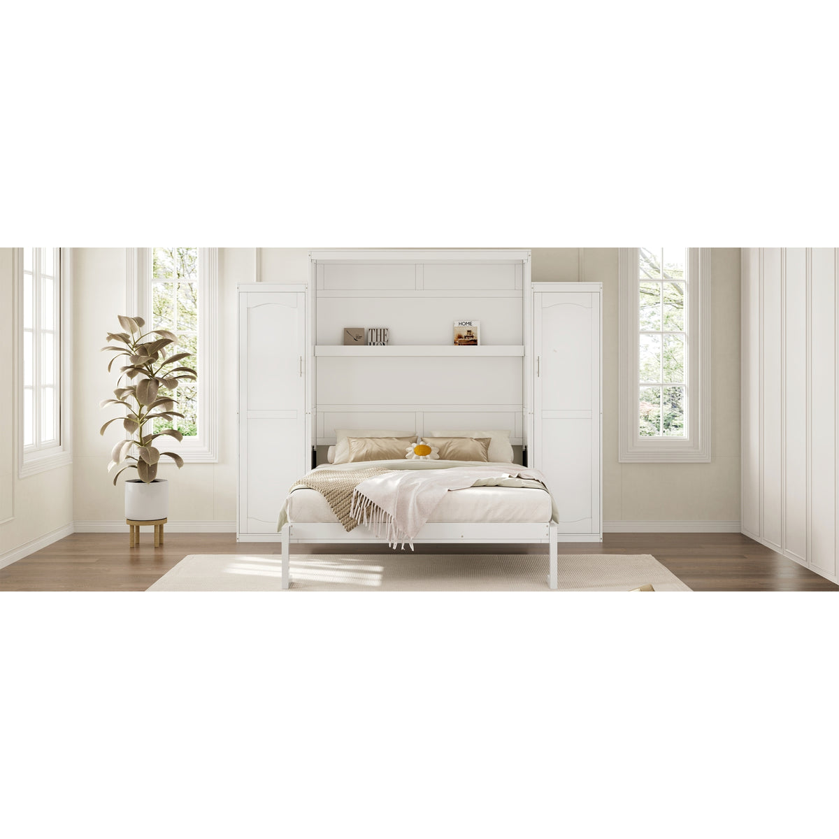variant-group:rf-n733s339767k|Roomfitters Queen Murphy Bed with Storage Cabinets and Shelf, Foldable Wall Bed Platform for Guest Room and Bedroom, White