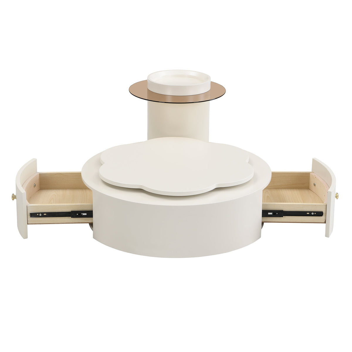 Roomfitters Rotatable Round Coffee Table Set of 2 with Flower-Shaped Top and Glass End Table, Off White Roomfitters