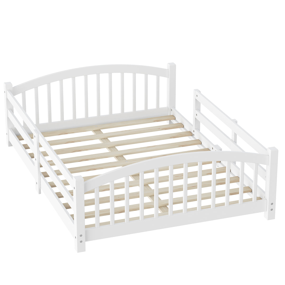 variant-group:rf-n733p400299k|Roomfitters Full Montessori Floor Bed with Guardrails, Solid Wood Low Platform Bed with Slats, Easy Assembly, White