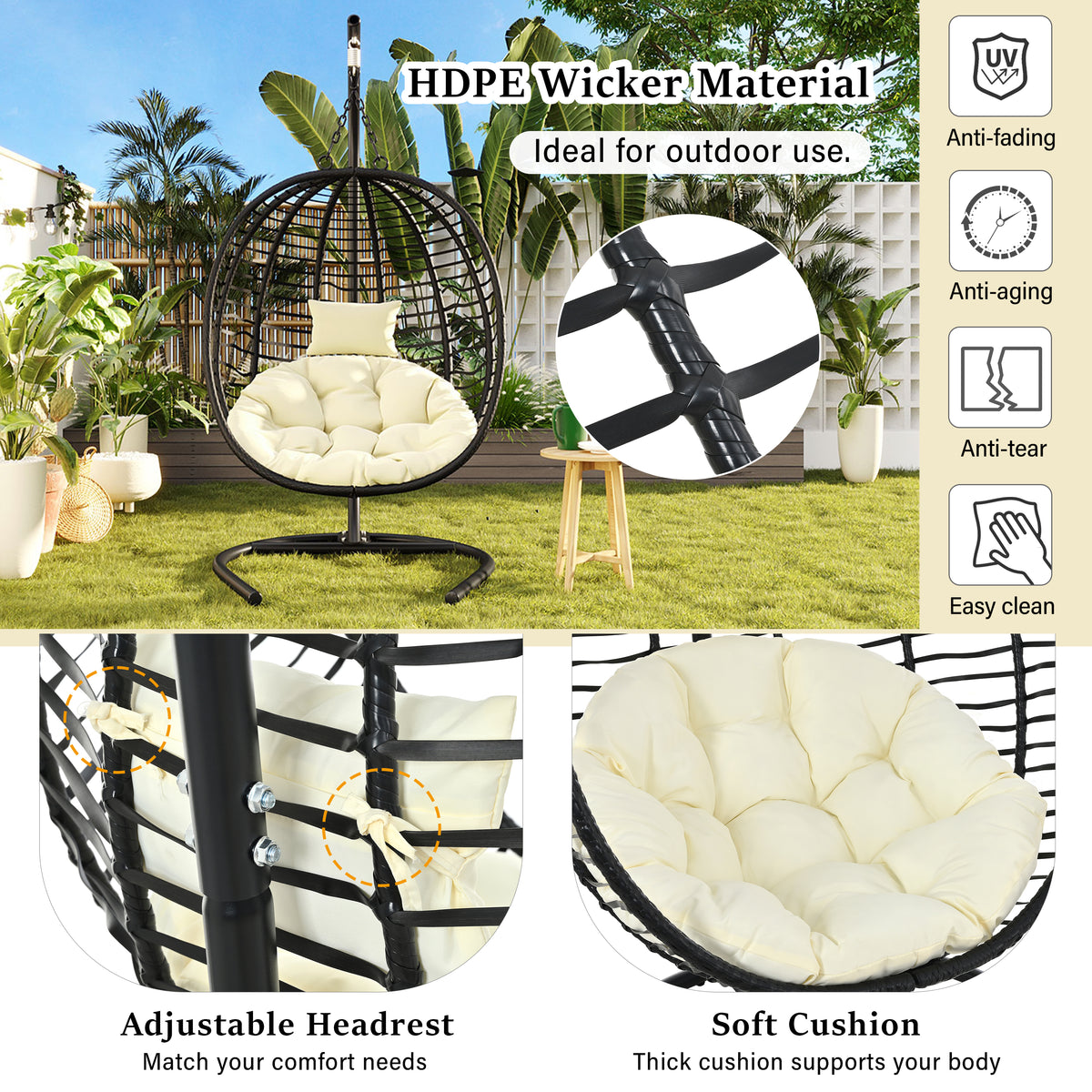 variant-group:rf-n711p389503a|Roomfitters Single Person Folding Egg Chair with Stand, UV Resistant Wicker Rattan Swing for Patio, Garden, Black+Beige
