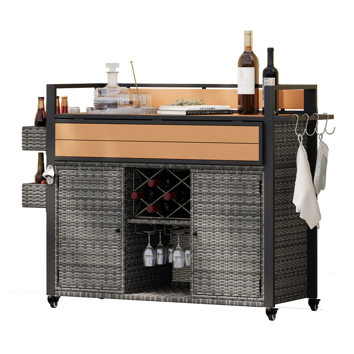 variant-group:rf-n707p233747g|Roomfitters 52.8" Wicker Outdoor Grill Cart with Plastic Wood Table, Rolling Island with Storage Cabinet, Double Handles, Grey